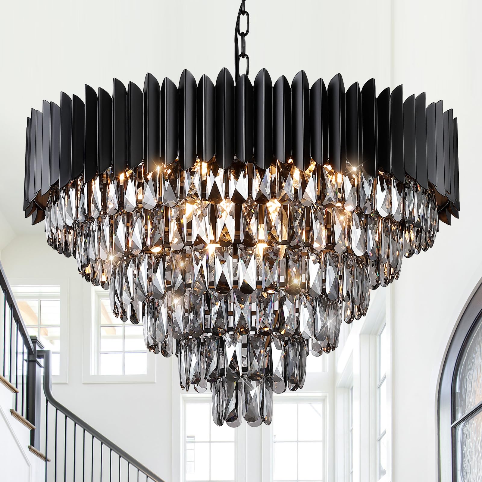 A AXILIXI Large Black Crystal Chandeliers Modern 30'' Round Chandeliers Lights Fixtures for Foyer Pendant Light 16 Lights 6-Tier