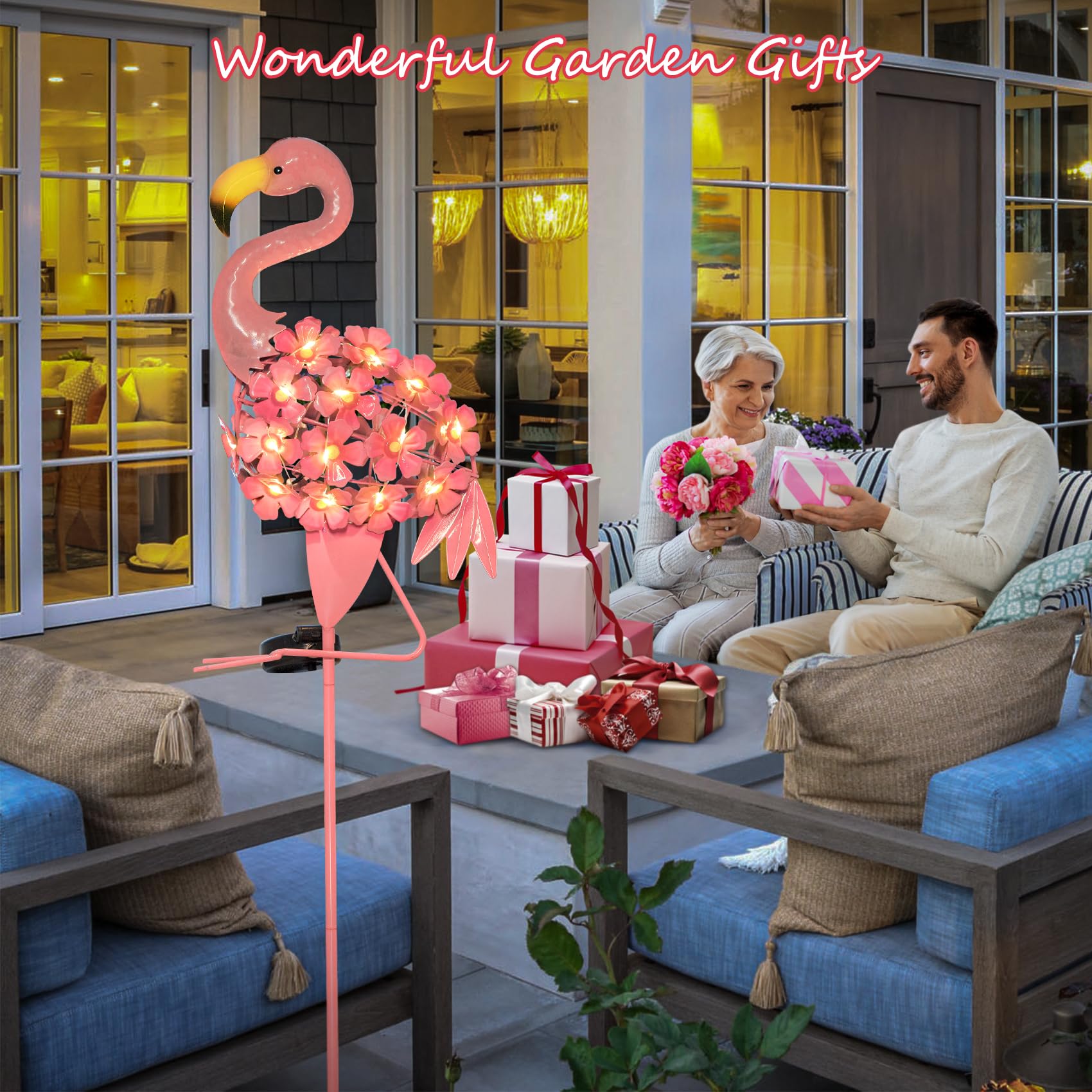 Homeimpro Garden Decor Solar Lights Flamingo Gifts For Women Yard Outdoor Decorations Stake Metal Lights, Waterproof Warm White