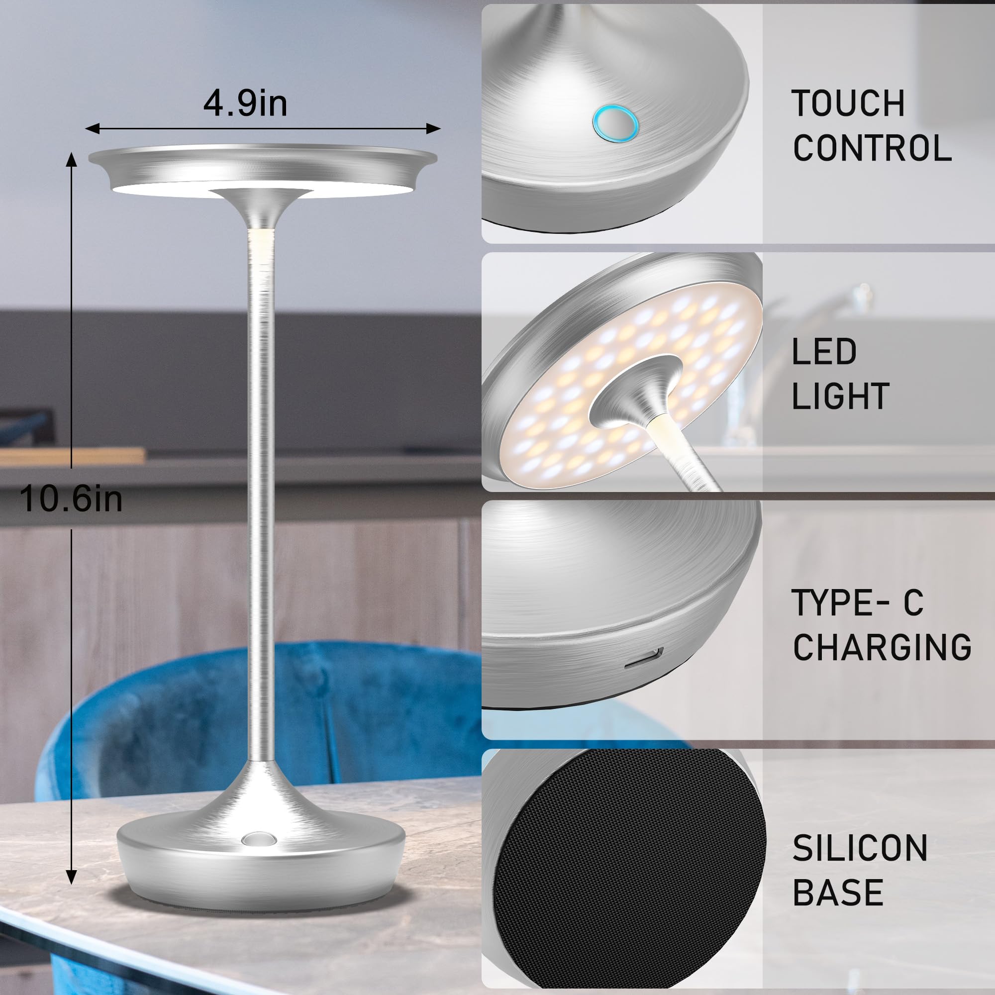 YHT Cordless Rechargeable Table Lamp, 6000mAh Battery, Waterproof, 3 Color Dimming, Aluminum, Silver, Model 825, 2 Pack