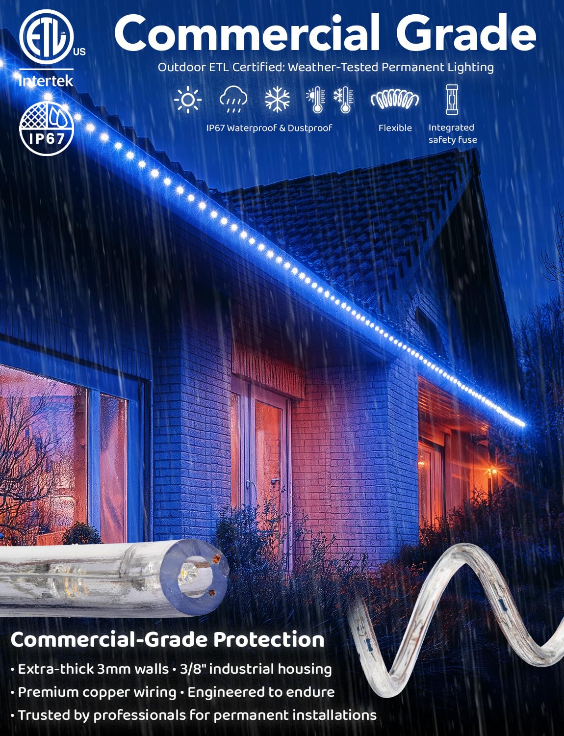 Wyzworks 288Leds 25Ft Led Outside Rope Lights, Outdoor Etl Certified Waterproof Permanent 360 Degree Light Emitting, Flexible Tube, Connectable, Christmas Palm Tree Exterior Landscape, Blue