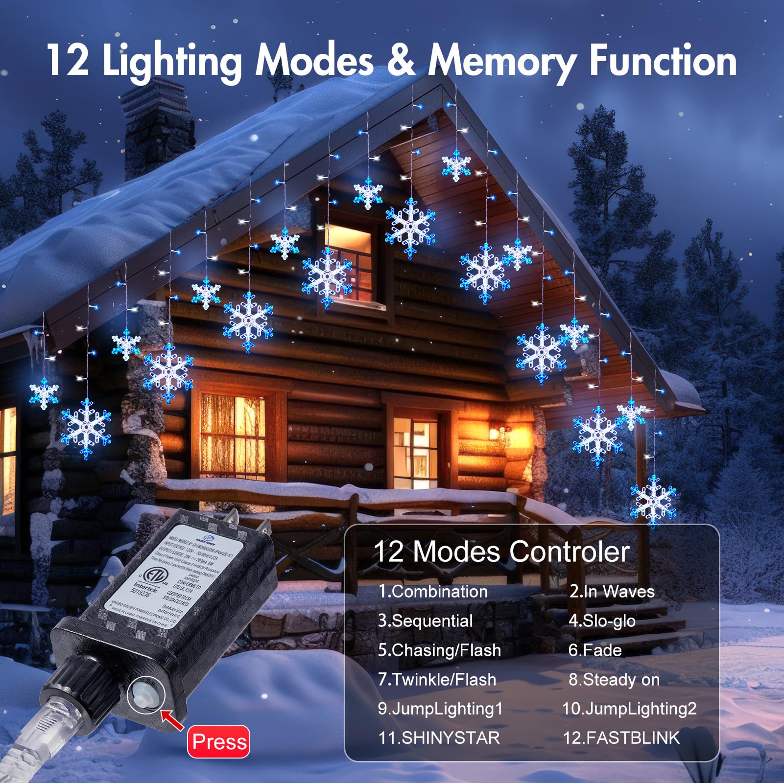 Minetom Christmas Snowflake Lights - 13ft 192LED, 12 Modes, Timer, IP65 Waterproof, Blue and White, Model GP-SW290DC0209-IP44(US