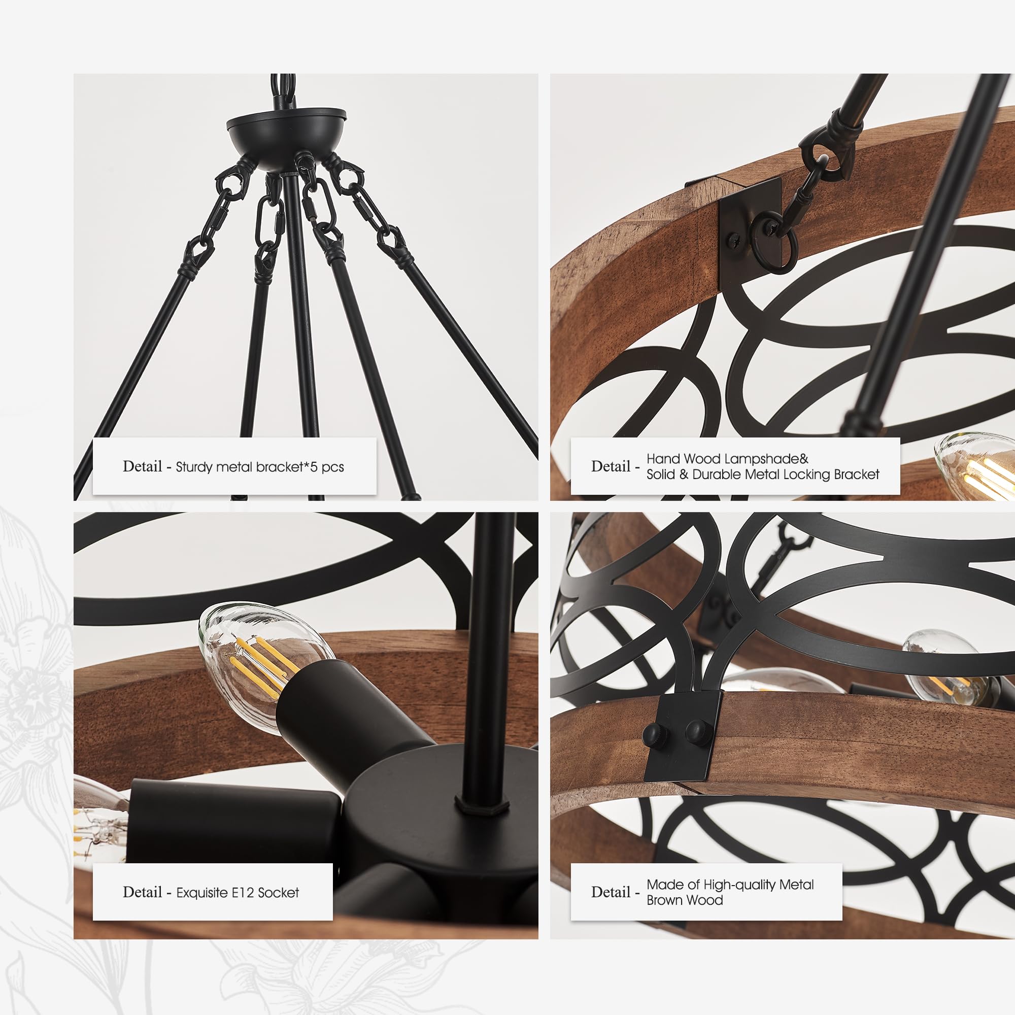 Faibra 6-Light Farmhouse Drum Wood Pendant Light,19.7'' Vintage Rustic Brown Oak Wood Chandeliers,Retro Industrial Hanging Light