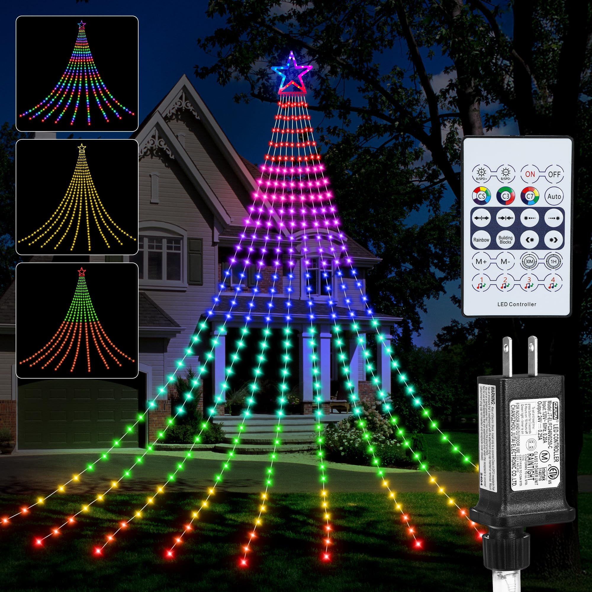 FUNIAO Christmas Tree Lights, 335 LED RGB, Remote Control, Waterproof, Multi Color Changing, Model YLS1000WD01, Plastic Star-RGB