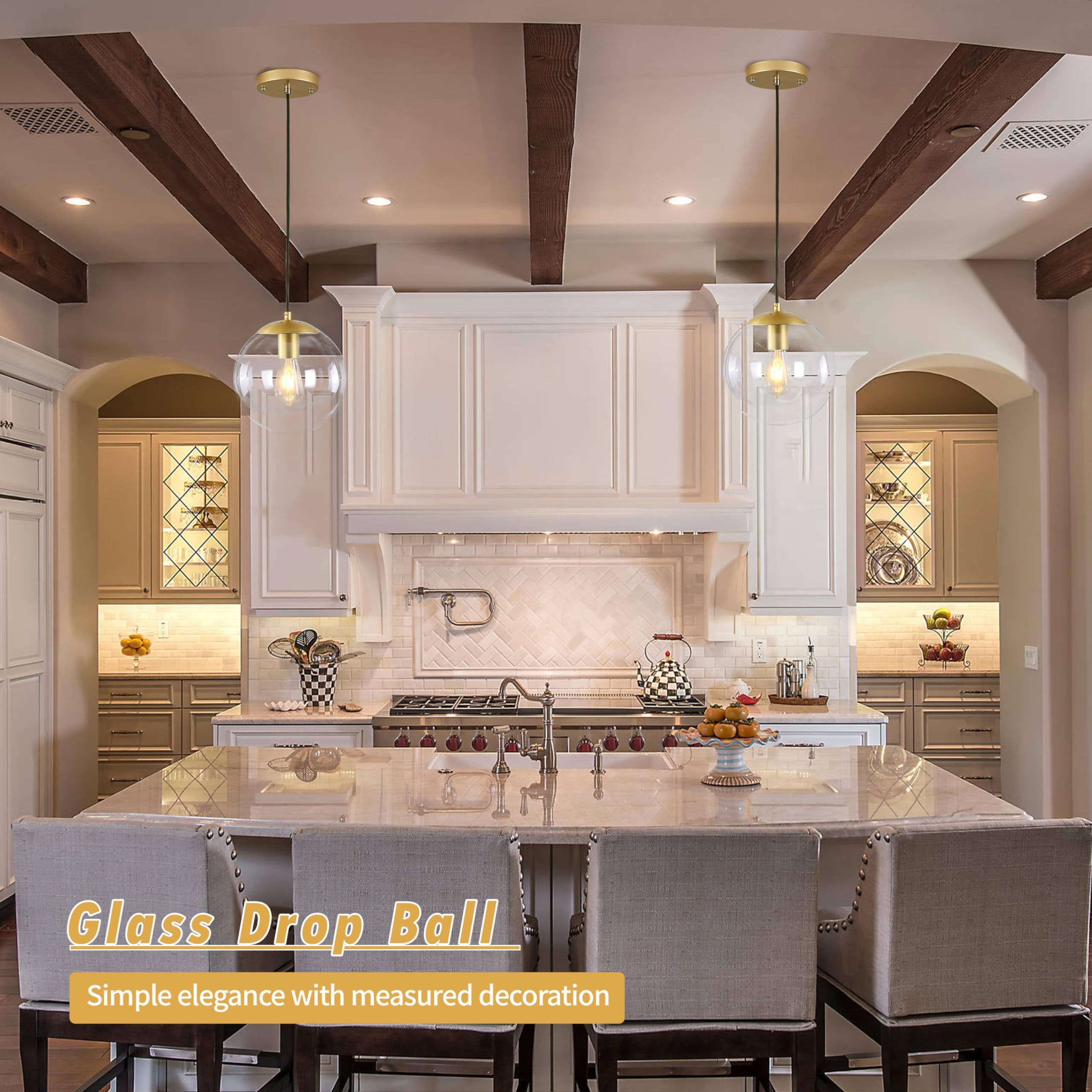 Koko&Yukina 10&quot; Gold Globe Pendant Light, Mid Century Modern Brushed Brass & Clear Glass