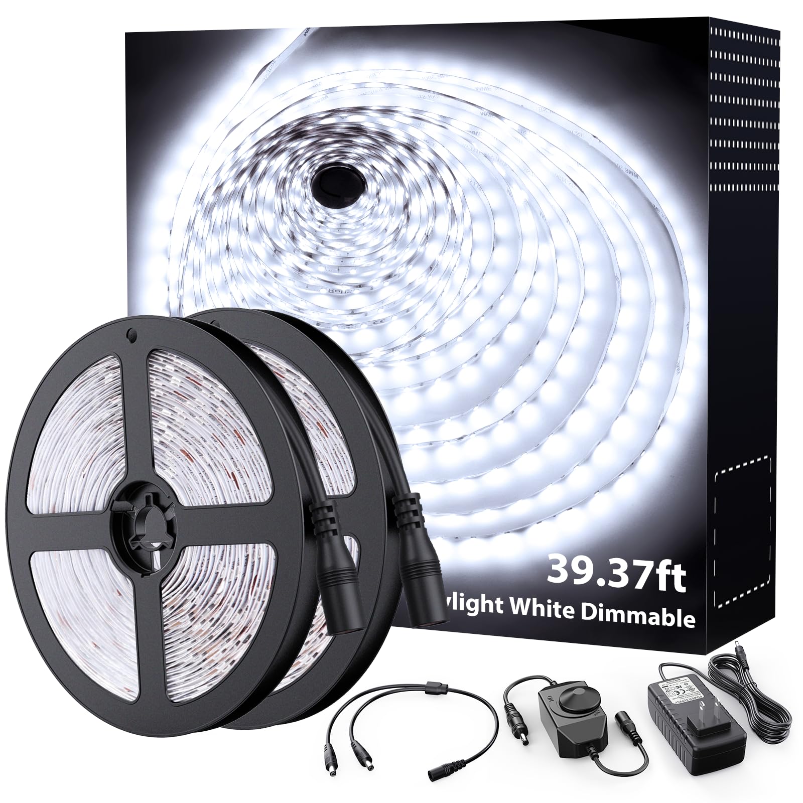 Onforu LED Strip Lights,39.37ft 6000K Dimmable Daylight White Tape Light,12m 720 LEDs 2835 Flexible Ribbon Mirror Light, 12V Adhesive Rope Lights for Kitchen, Under Cabinet, Bedroom