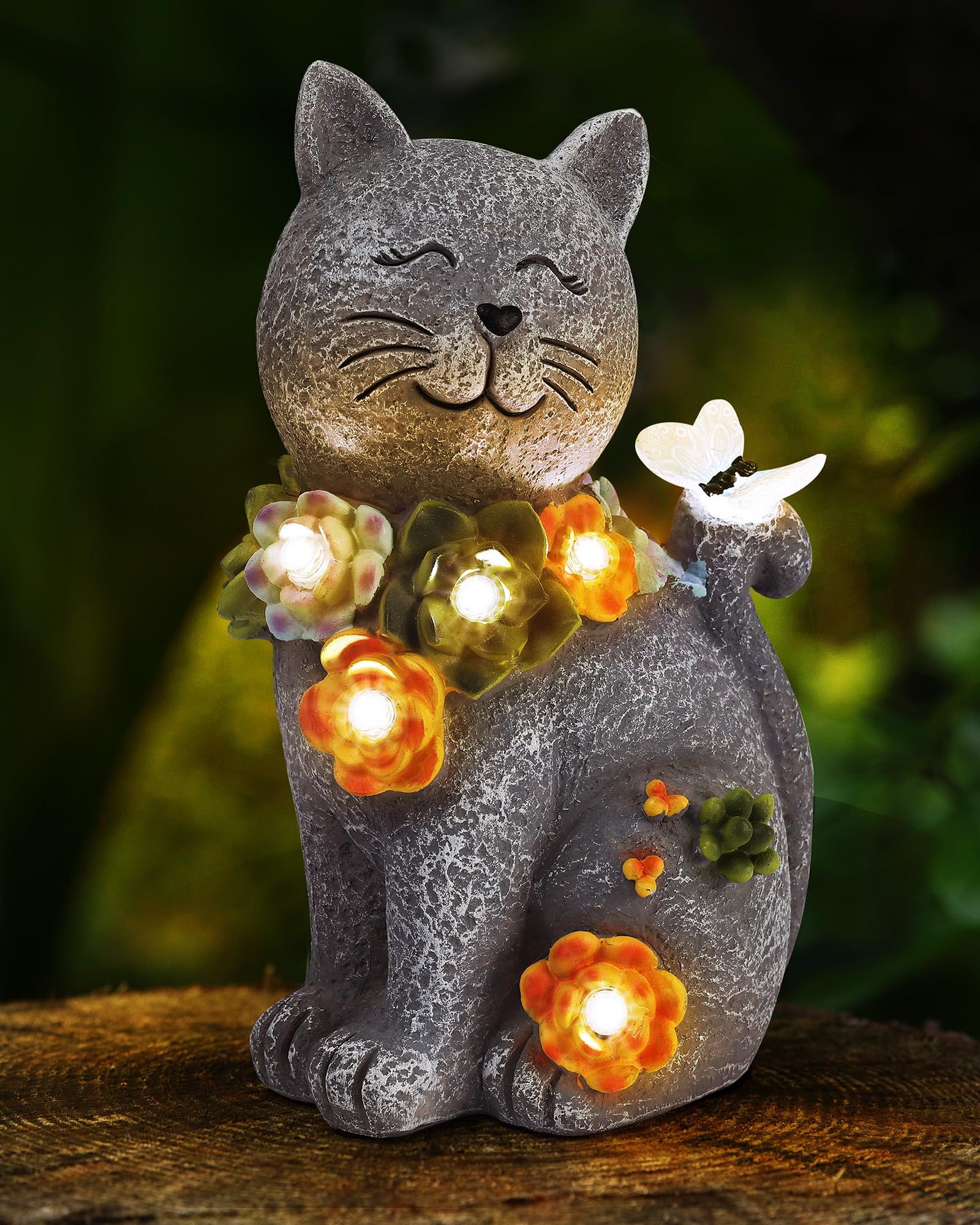 Vuees Solar Garden Statues Lights, Cat Figurines Succulent Flower Butterfly Art Design for Home, Outdoor, Patio, Porch, Yard, Ba