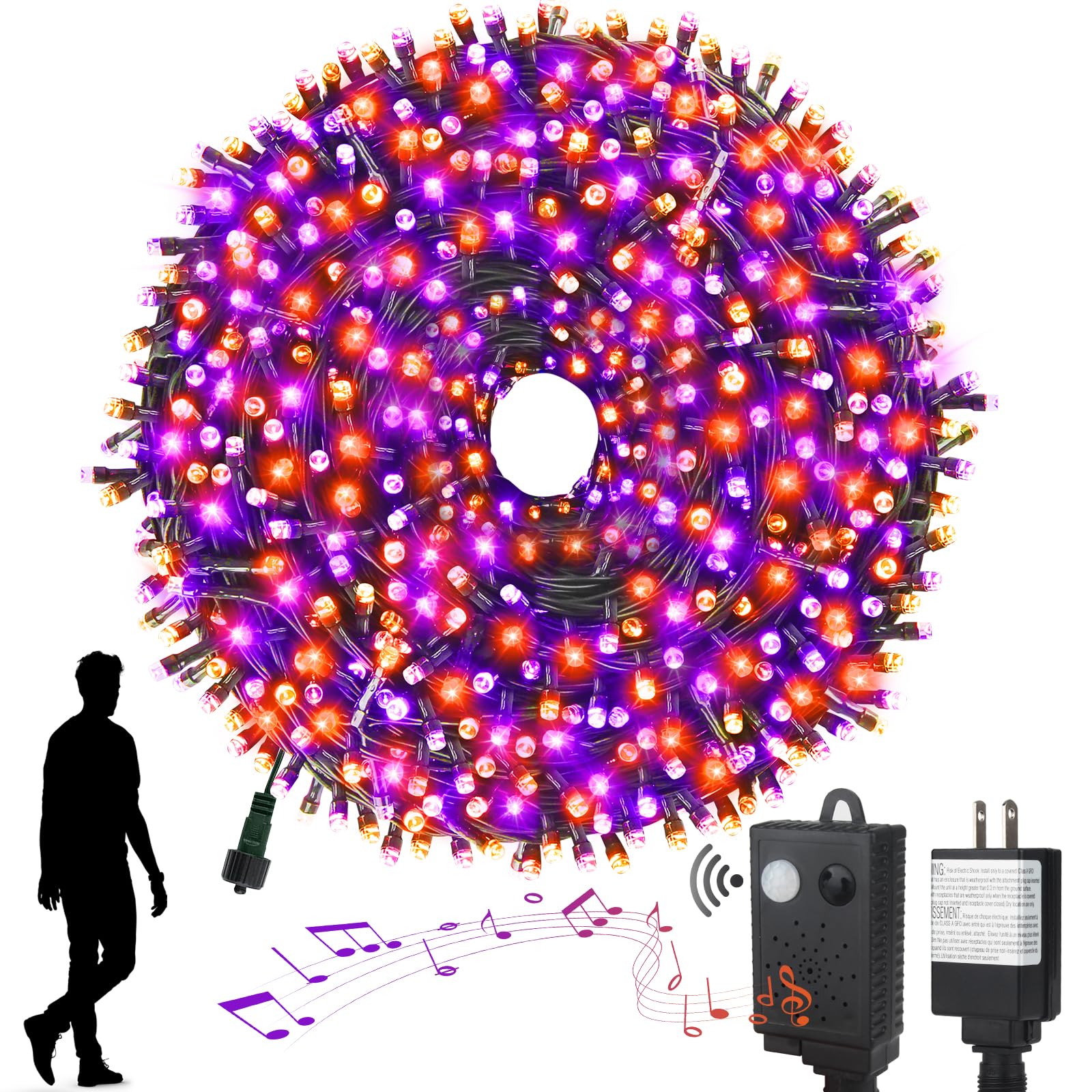 XTF2015 Halloween String Lights, 105FT, 300 LED, Music Purple+Orange, Waterproof, Model QL300AE, Indoor/Outdoor Decor