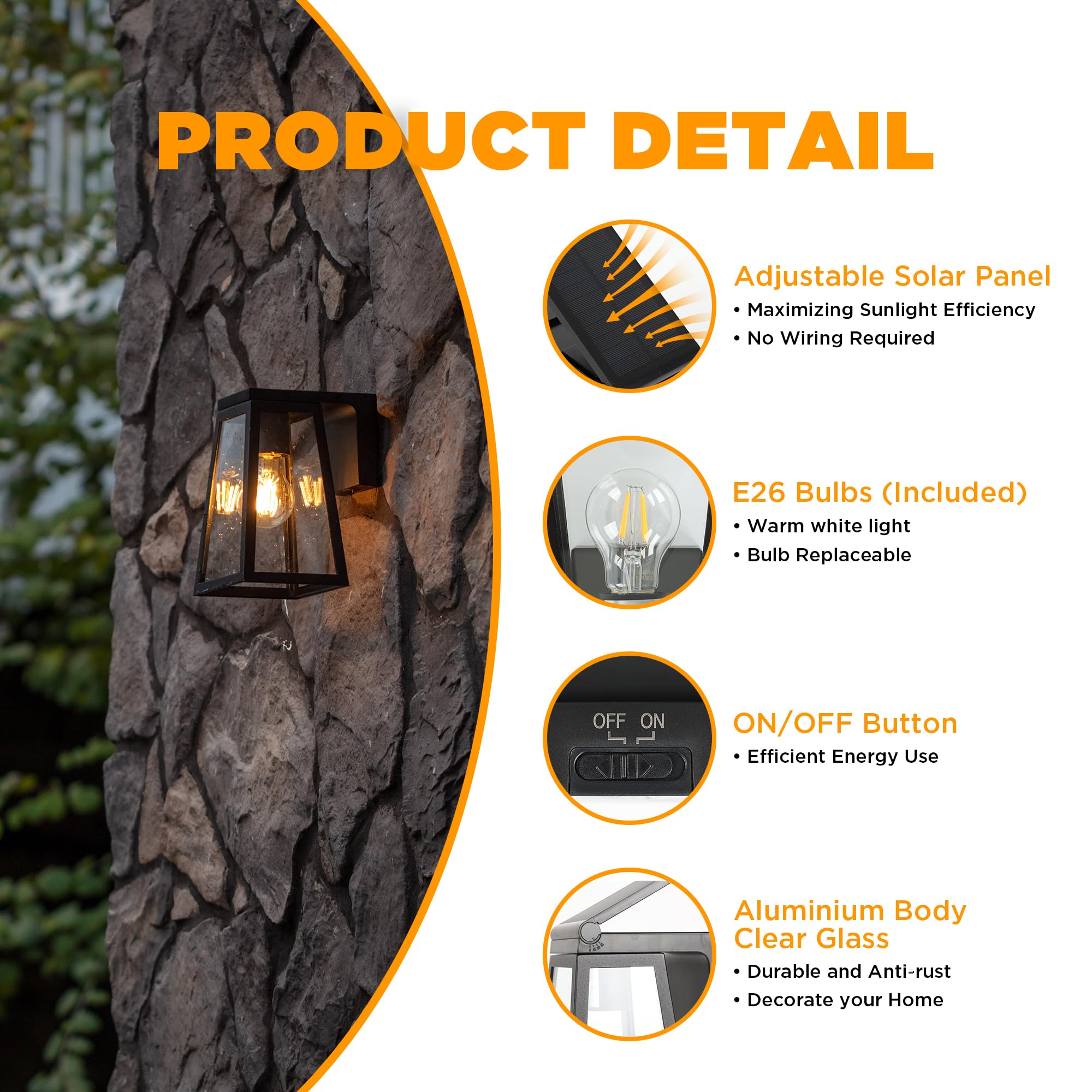 LUTEC Solar Porch Light 2 Pack - Wireless Dusk to Dawn Black Wall Sconce with Adjustable Panel, Waterproof Exterior Lighting