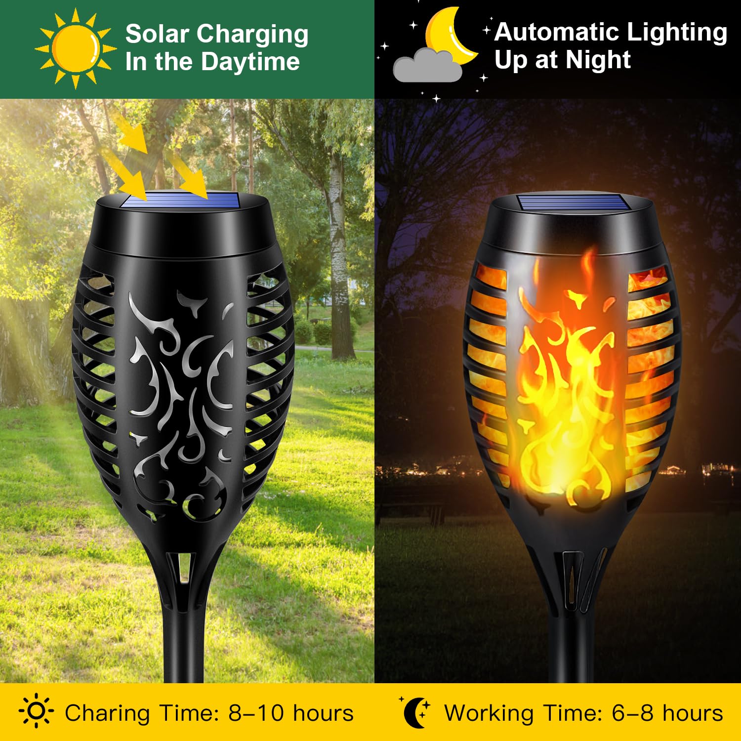 Mionsiden 8 Pack Solar Outdoor Lights - 12 LED Flickering Flame Tiki Torches for Garden, Yard, Patio - Waterproof Black Solar Lights