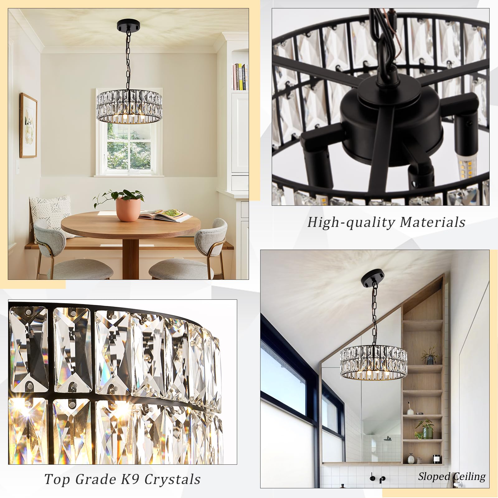 CATINER 4-Light Crystal Pendant Chandelier, 12” Black Semi Flush Mount Ceiling Light for Kitchen Island, Foyer, Hallway, Model C80-4B1