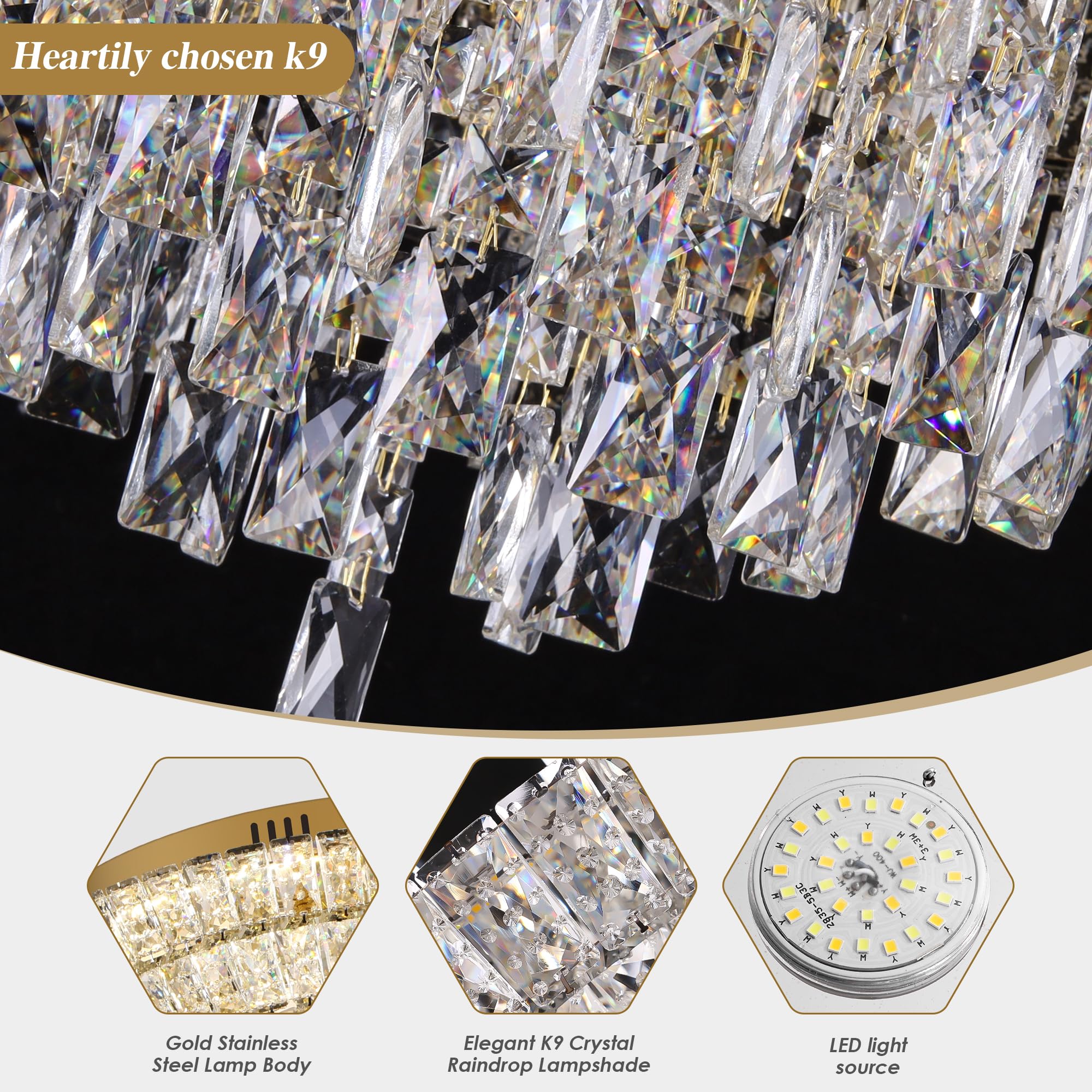 40 inch Crystal Gold Ceiling-Light Flush Mount with Remote Control and APP, 3CCT Dimmable & Brightness Adjustable, Modern Crysta