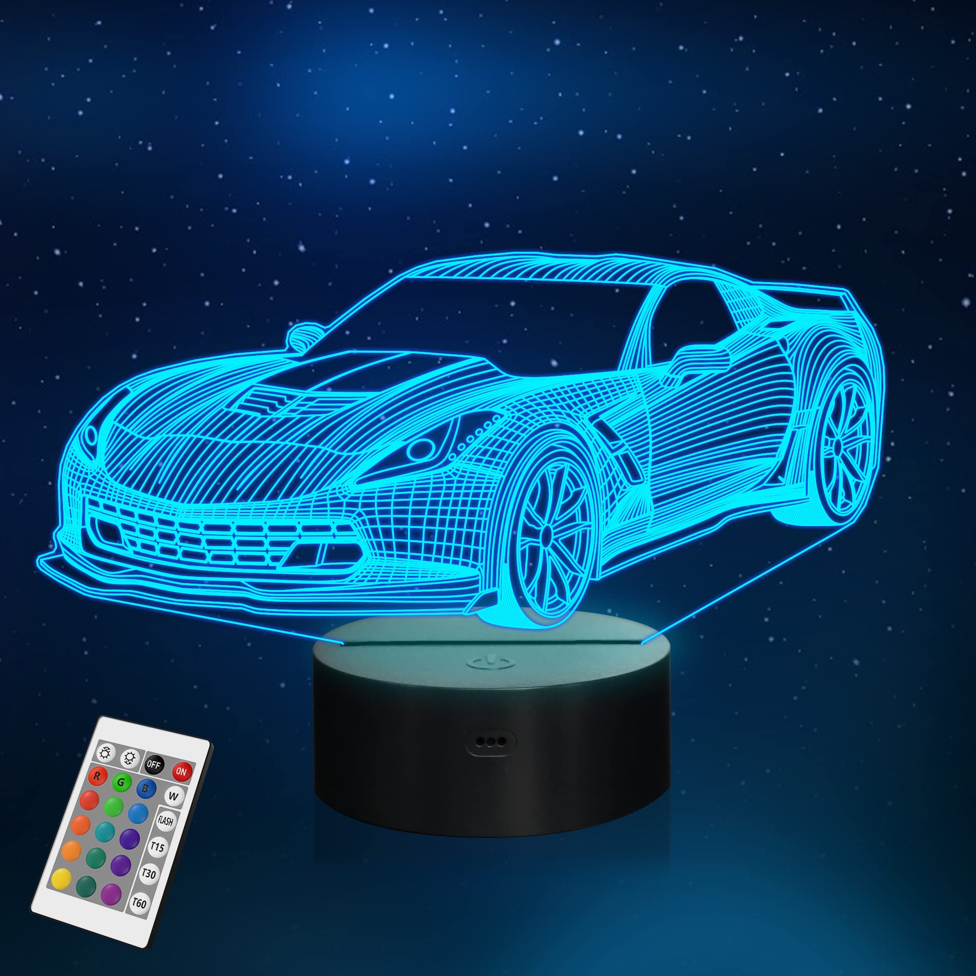YuanDian Car Night Light, 3D LED Illusion Lamp, Touch Control & Remote, USB & Battery Powered, Multicolor, Model FS-2810-9999