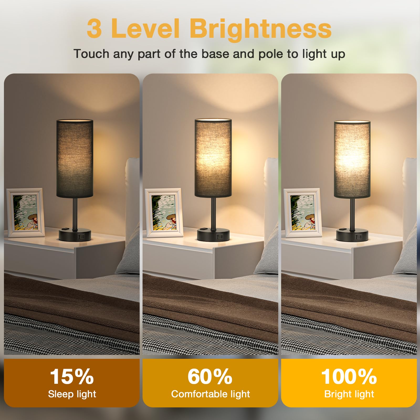 Black Touch Table Lamps Set - 3 Way Dimmable Bedroom Bedside Lamps Set Of 2 With Usb C And A Ports, Small Lamps For Nightstand W