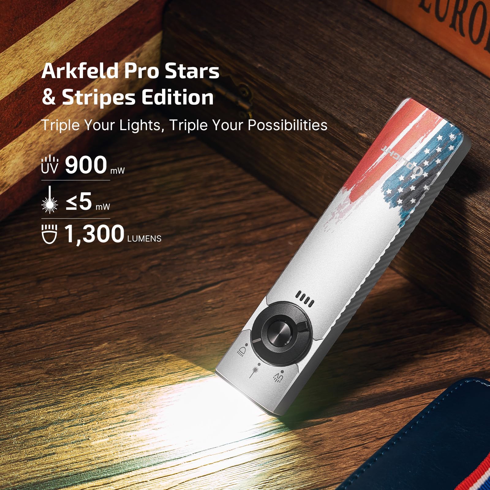 OLIGHT Arkfeld Pro EDC Flat Flashlight, 1300 Lumens, Green Beam & UV, Aluminum, Stars & Stripes Edition