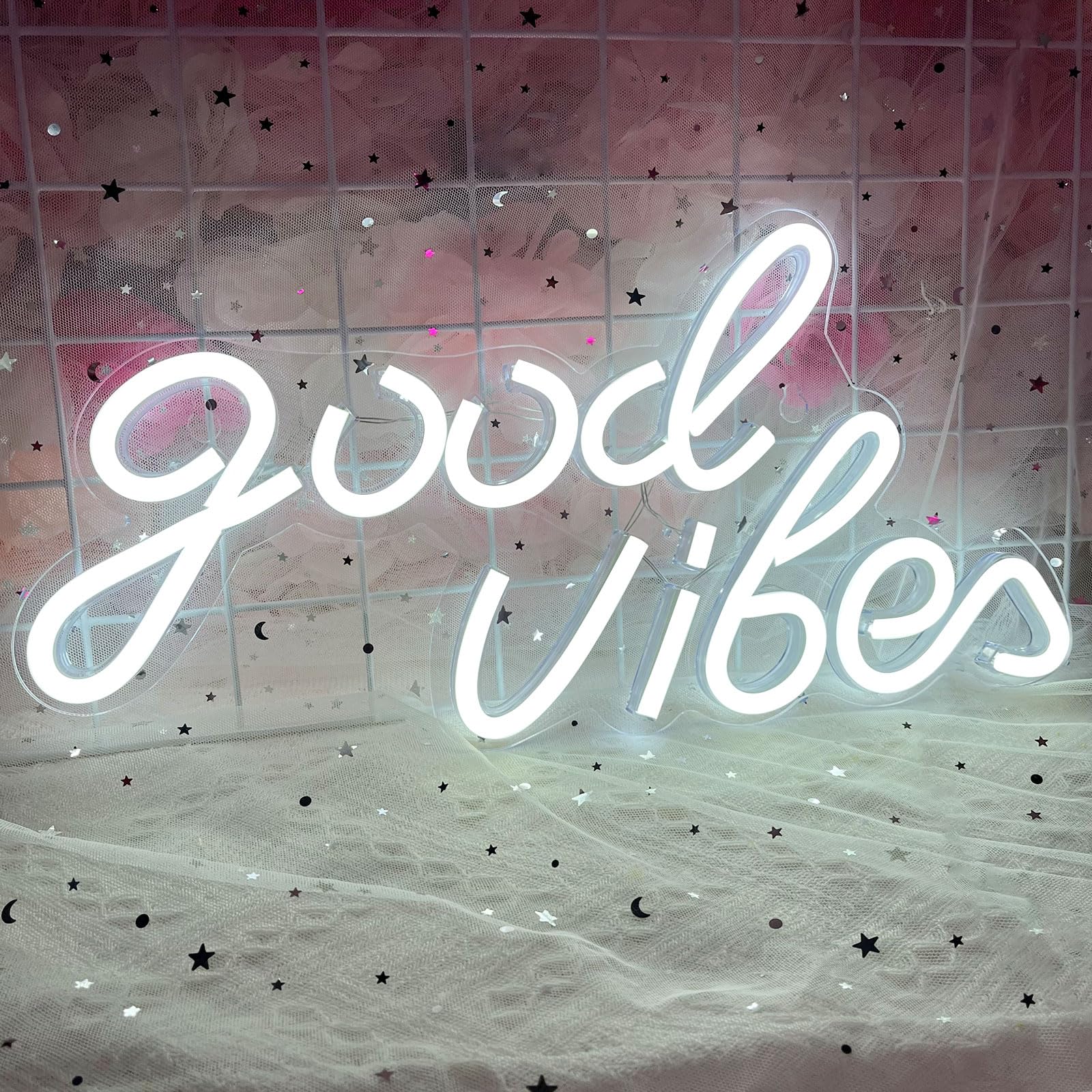 Bernicekelly Good Vibes Neon Sign - White Led Wall Decor For Bedroom & Party, Usb Powered