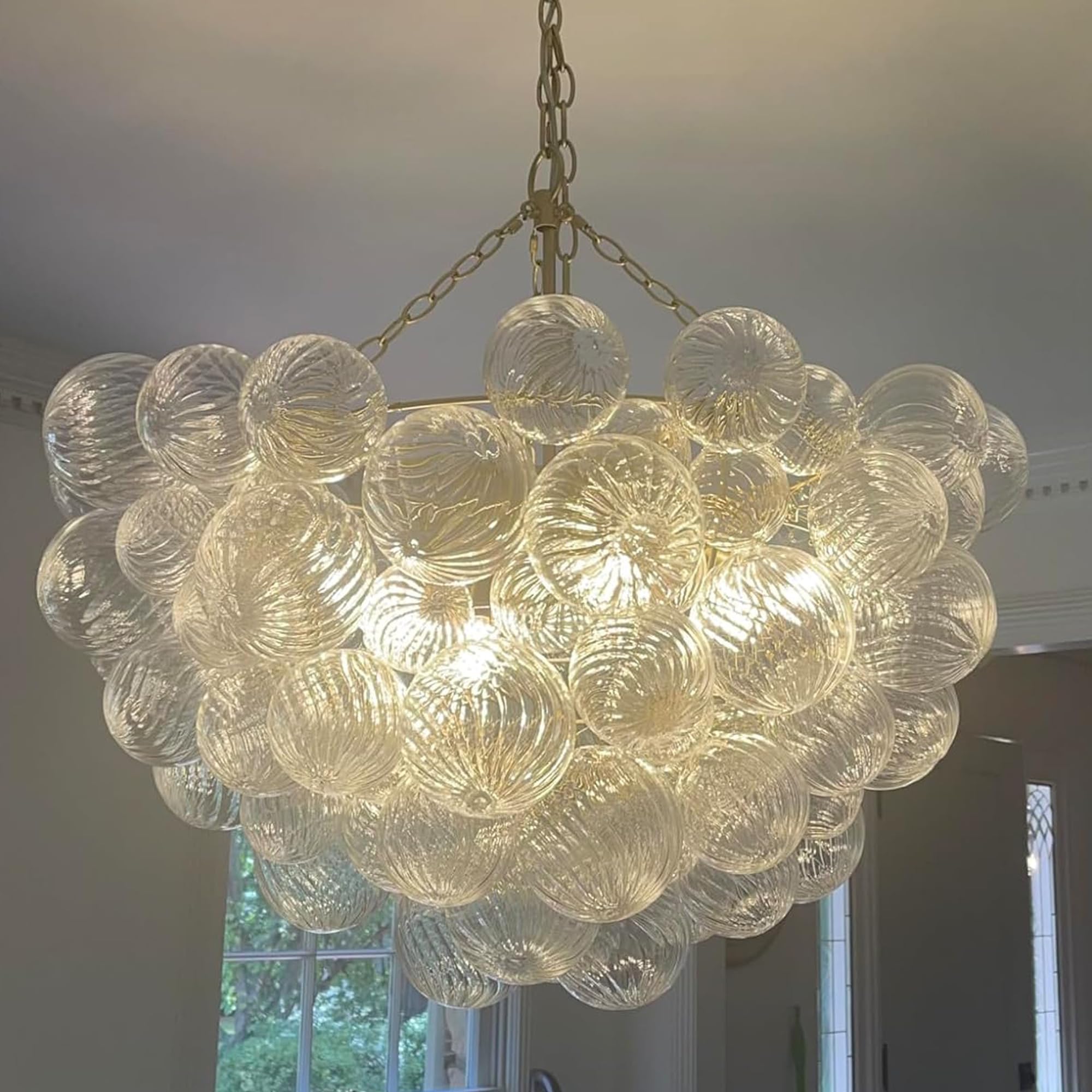 BeyPan Bubble Chandelier, 32" Clear Ribbed Glass Art Deco Light Fixture, LR1507 for Living Room, Bedroom, Kitchen Island