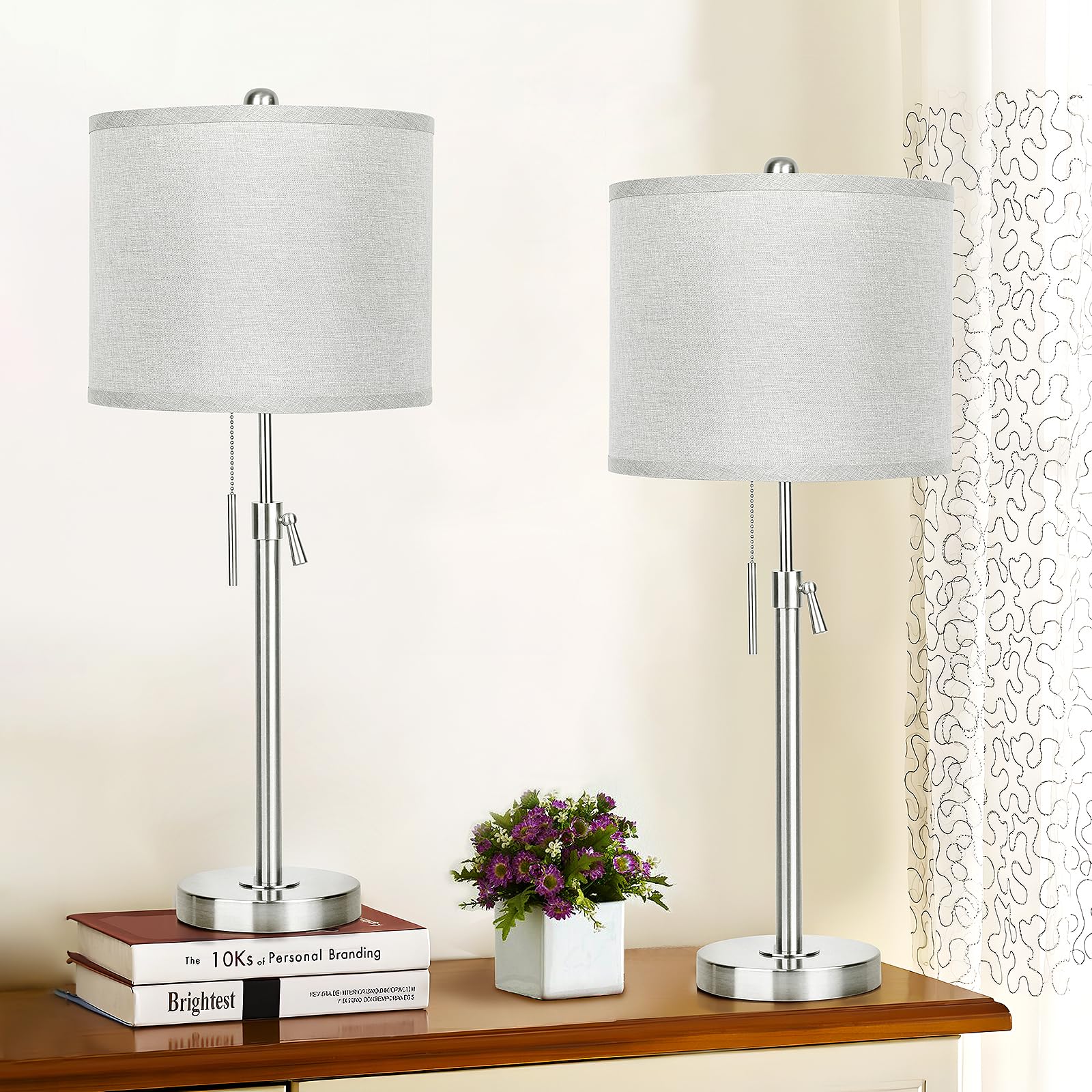 Brushed Nickel Table Lamps Set of 2: 22'' to 30'' Height Adjustable Nightstand Lamps with Grey Linen Shade Pull Chain Switch Sil