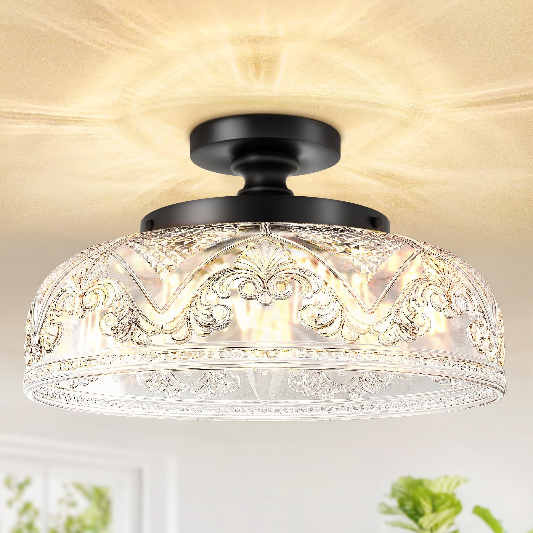 Slypadan Semi Flush Mount Ceiling Light, 12 Inch Large Black Ceiling Light Fixture, 3-Light Globe Glass Industrial Kitchen Light