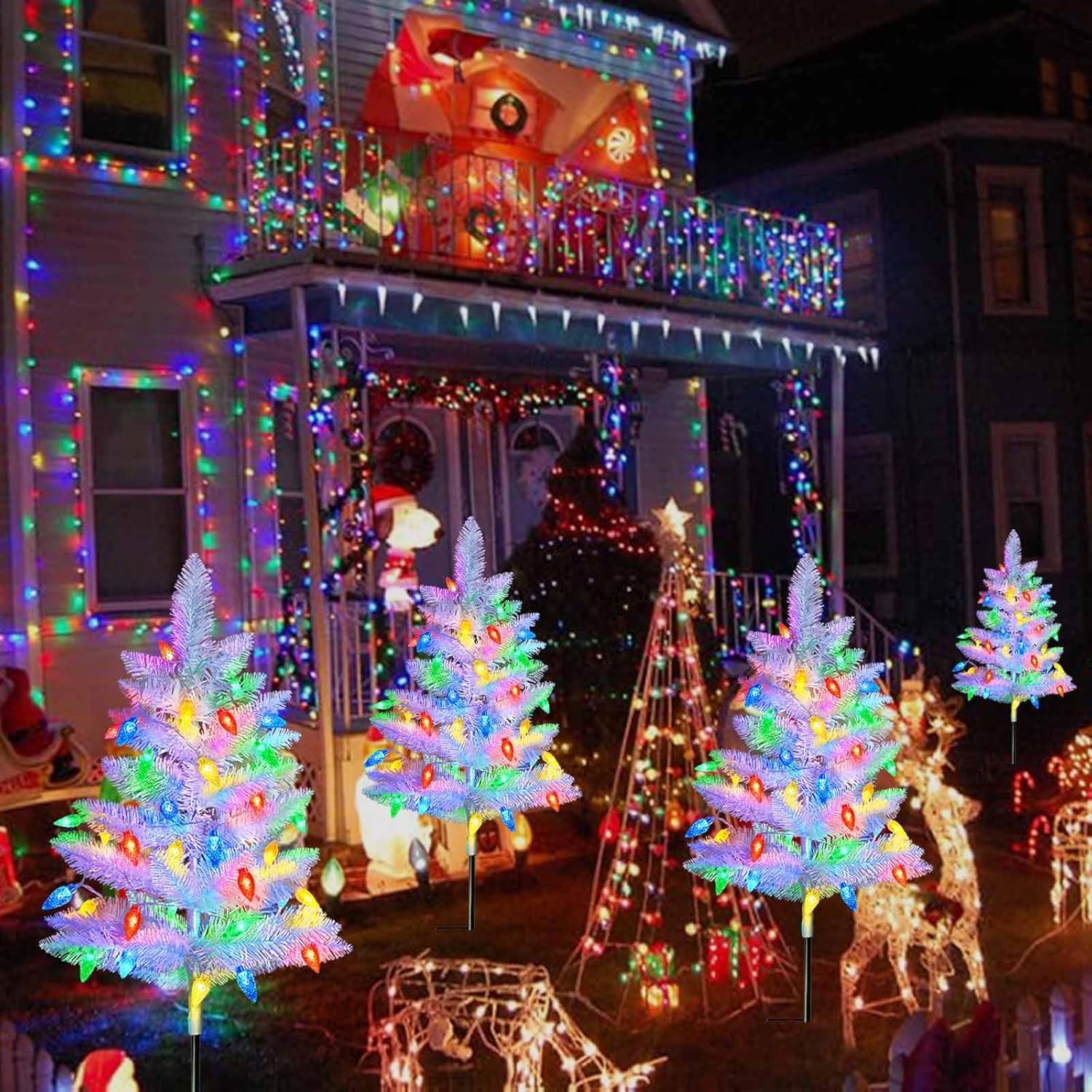 2 Pack White Christmas Tree Outdoor,Solar Powered Christmas Trees With 60 Led C6 Christmas Lights,Pre-Lit Small Artificial Xmas