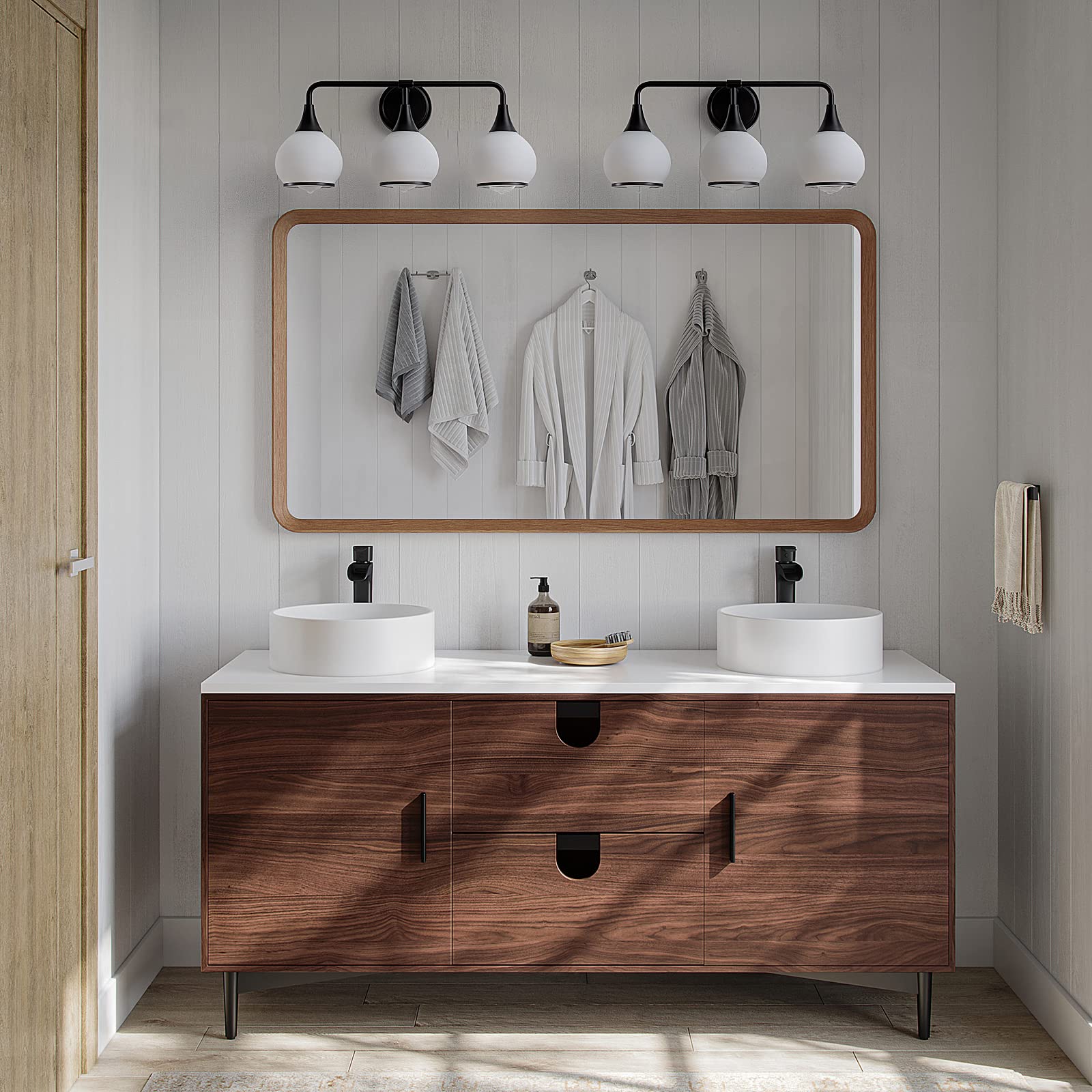 Hahzt Black Bathroom Light Fixtures 3-Lights Vanity Lights With Milky White Frosted Glass Shade Bathroom Vanity Light 22.4 Inch