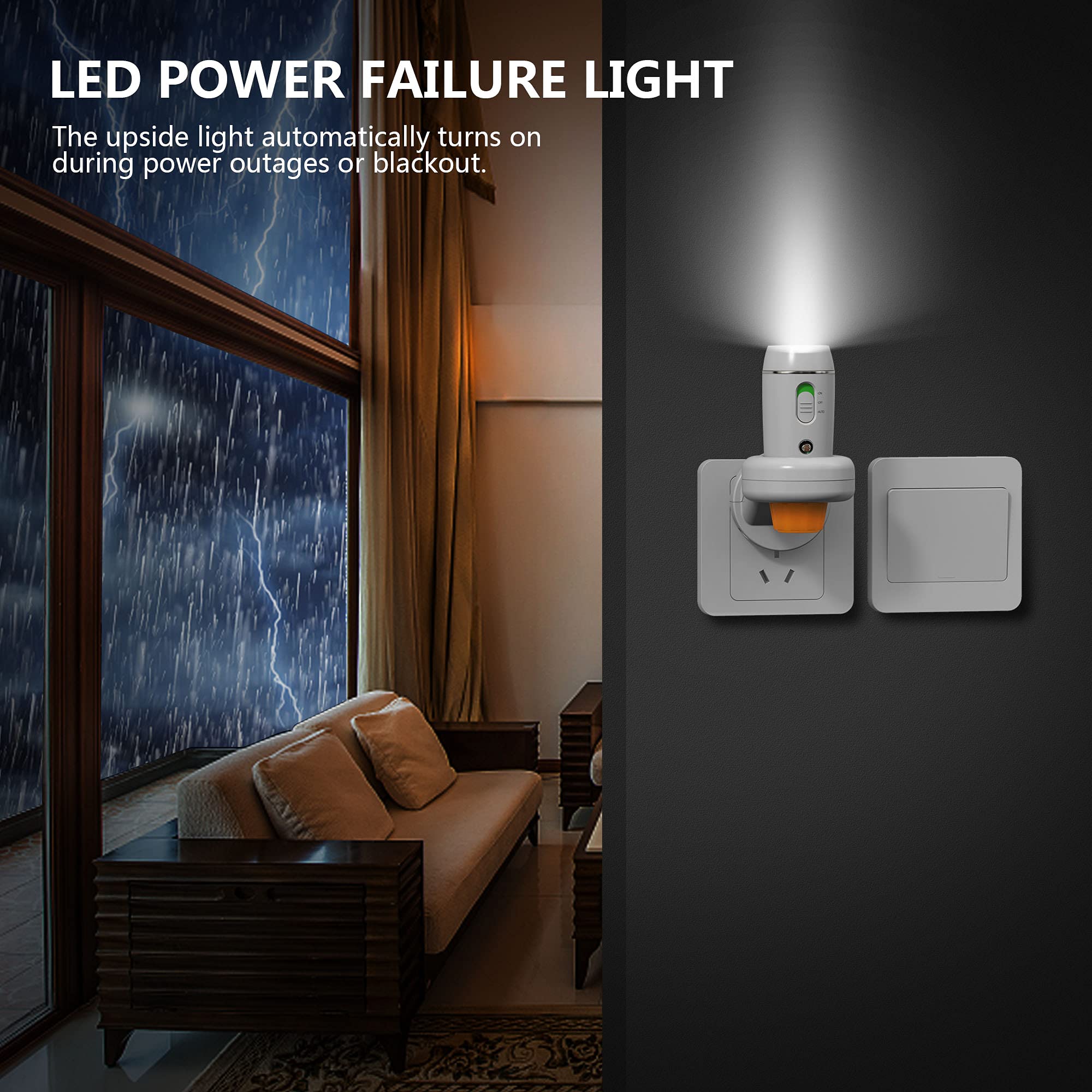 THOVAS Emergency LED Flashlight - 3-in-1 Rechargeable Power Failure Light, Portable Night Light, 2 Pack, Plastic, (L100-2P)