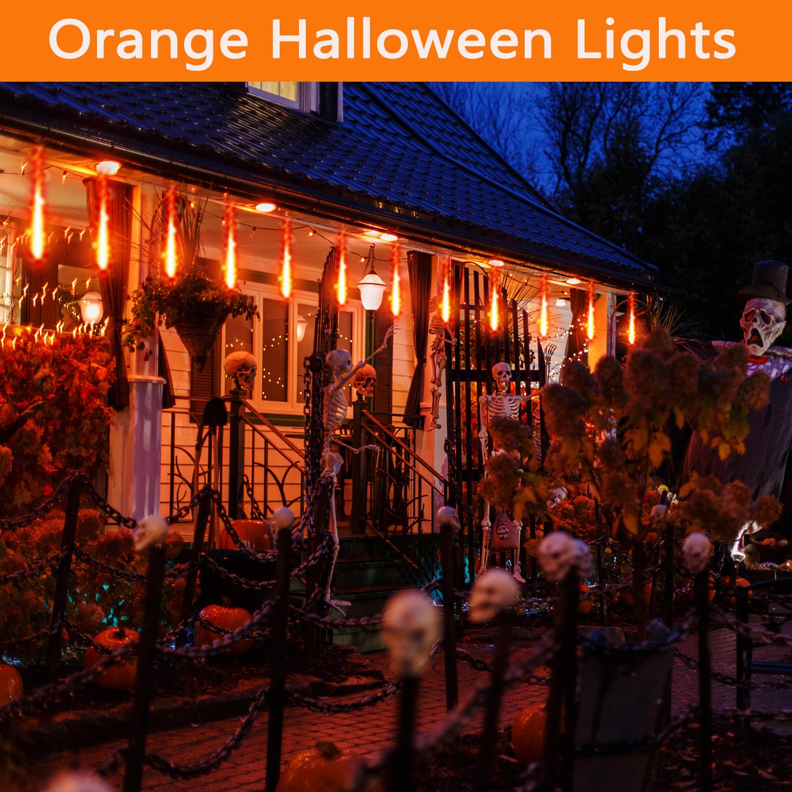 Halloween Decorations Outside, Kwaiffeo Waterproof Orange Meteor Shower Lights For Halloween Decorations Outdoor, 8-Tube Falling Rain Lights For Fall Decor Autumn Decoration Thanksgiving Yard, Ul Plug