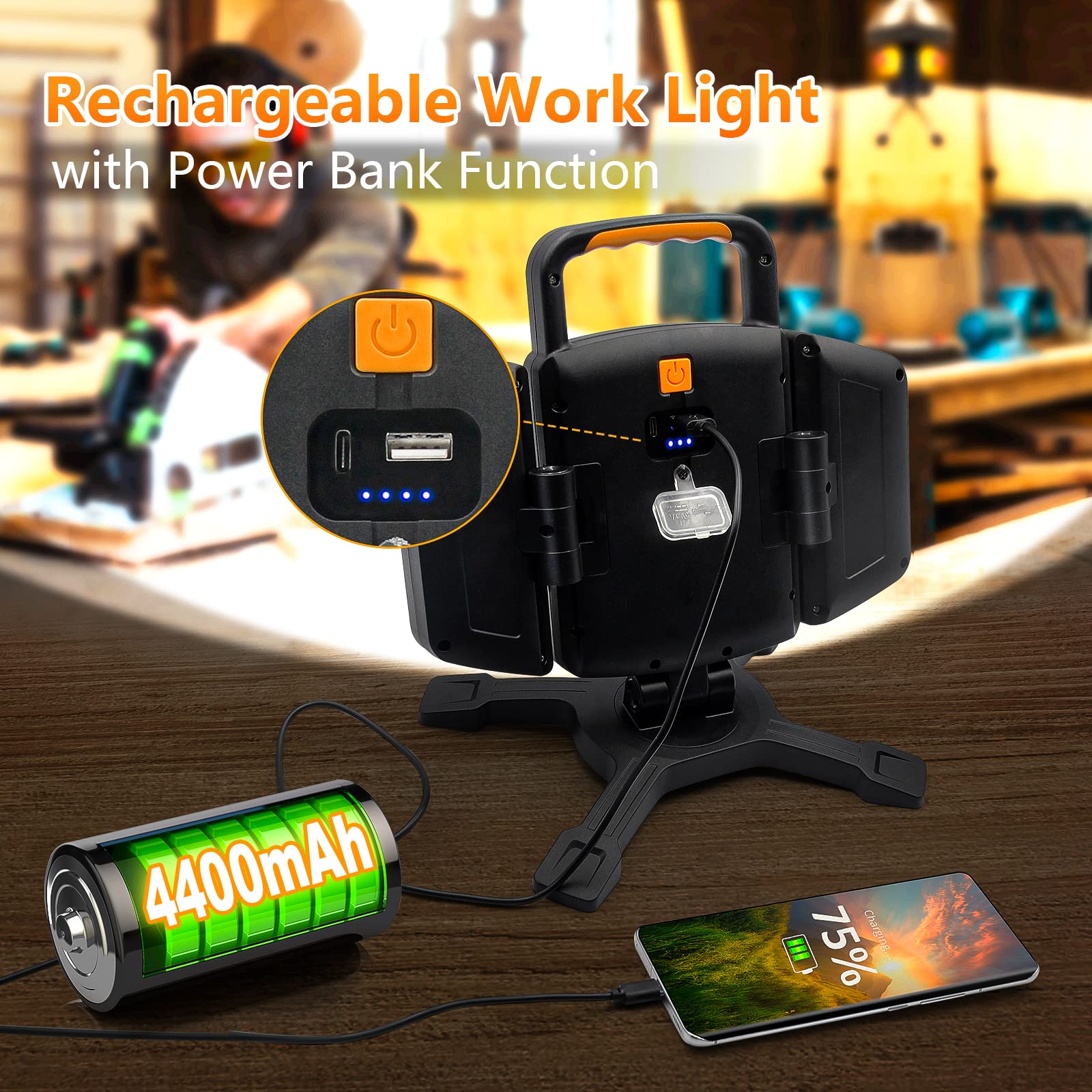 Tresda 30W Rechargeable Magnetic Work Light - 3000 Lumen, Waterproof, Portable, Orange for Construction, Garage, Camping, Car Repair