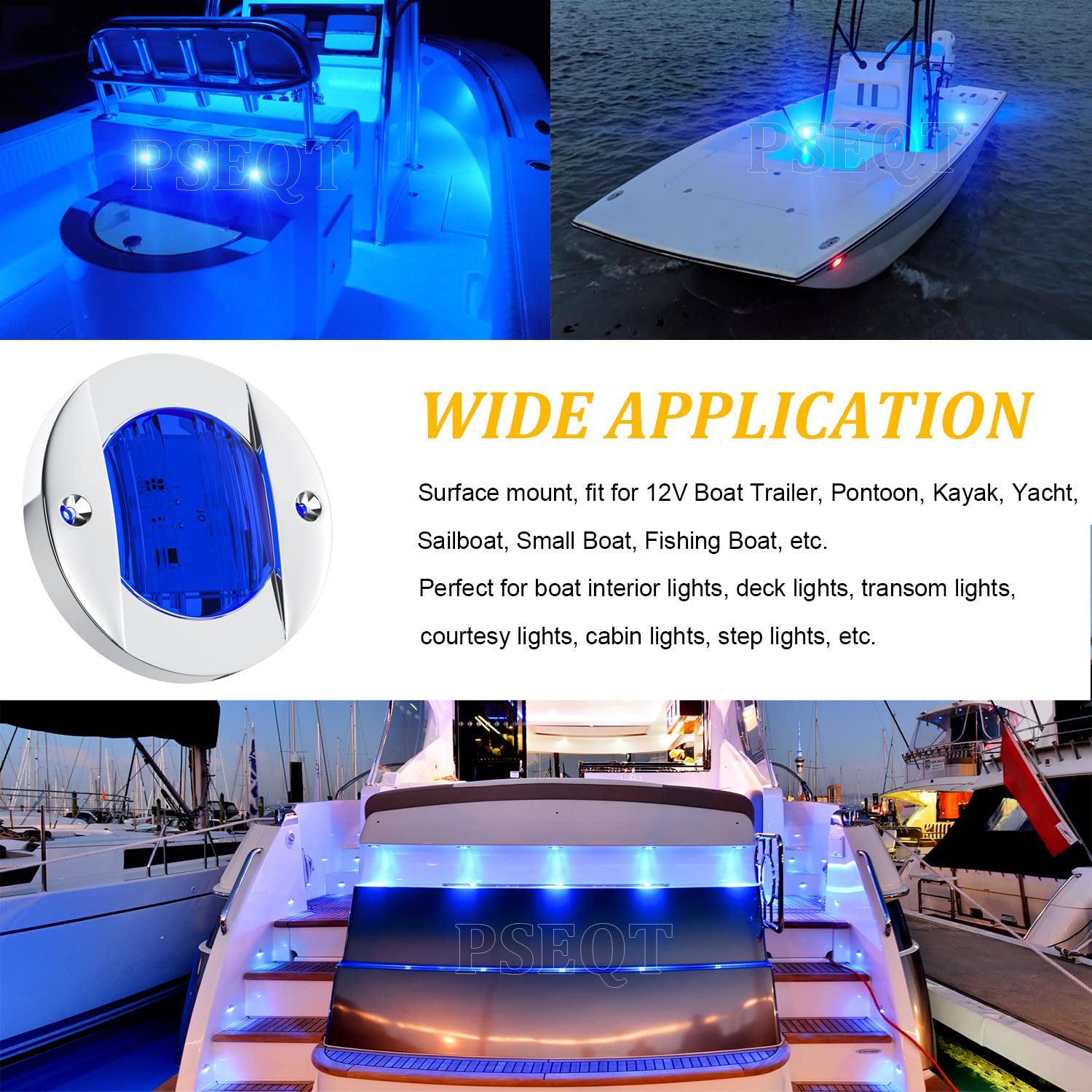 PSEQT 4pc LED Boat Deck Lights - Waterproof 12V, 3in Blue Lens, Chrome Plastic, Model PSEQTSE12BB