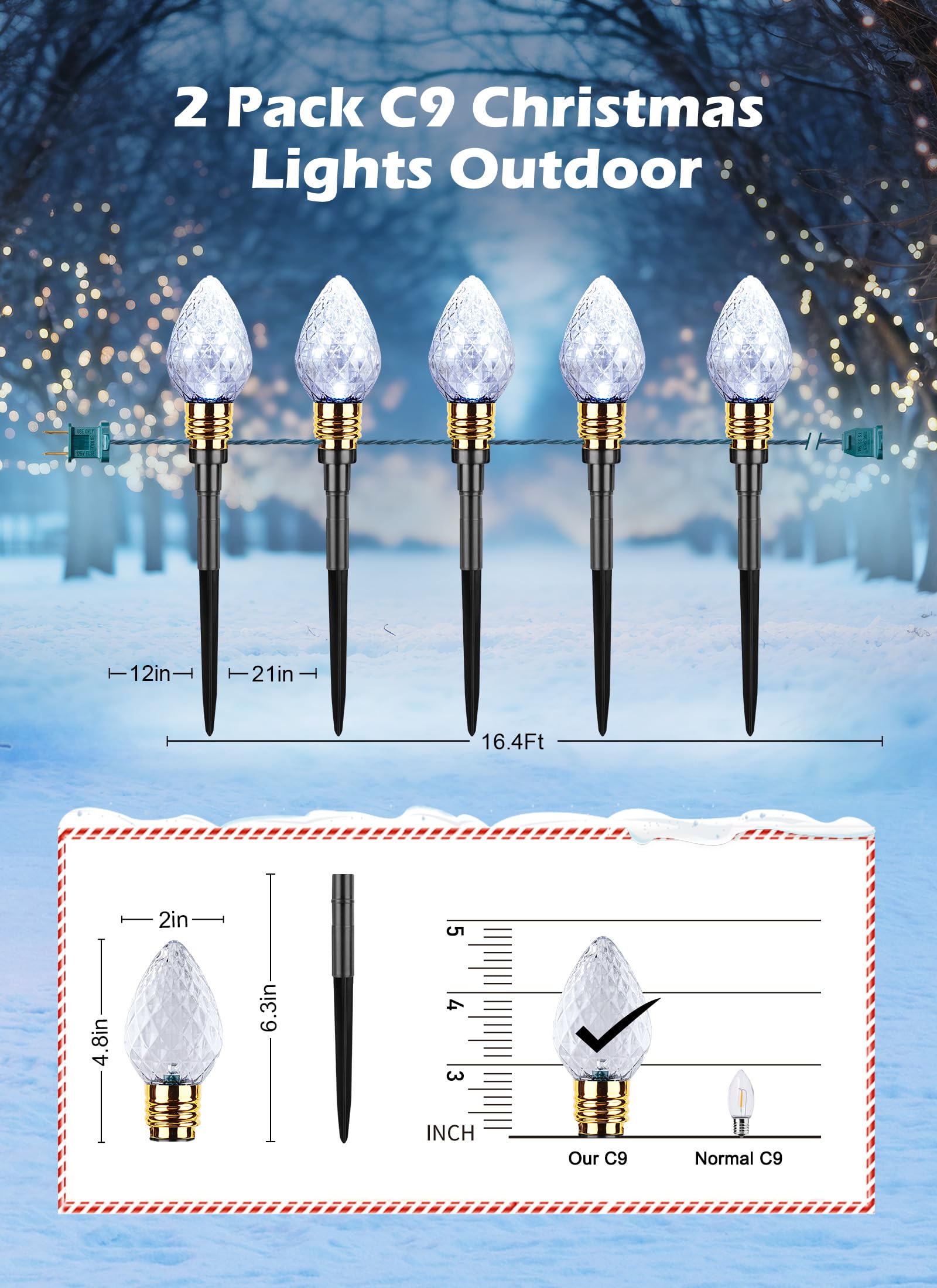 Brightown 2 Pack Strawberry C9 Christmas Pathway Lights Outdoor - Total 34.8 Feet 20 Led Christmas Walkway Lights, Clear Bulb Ch