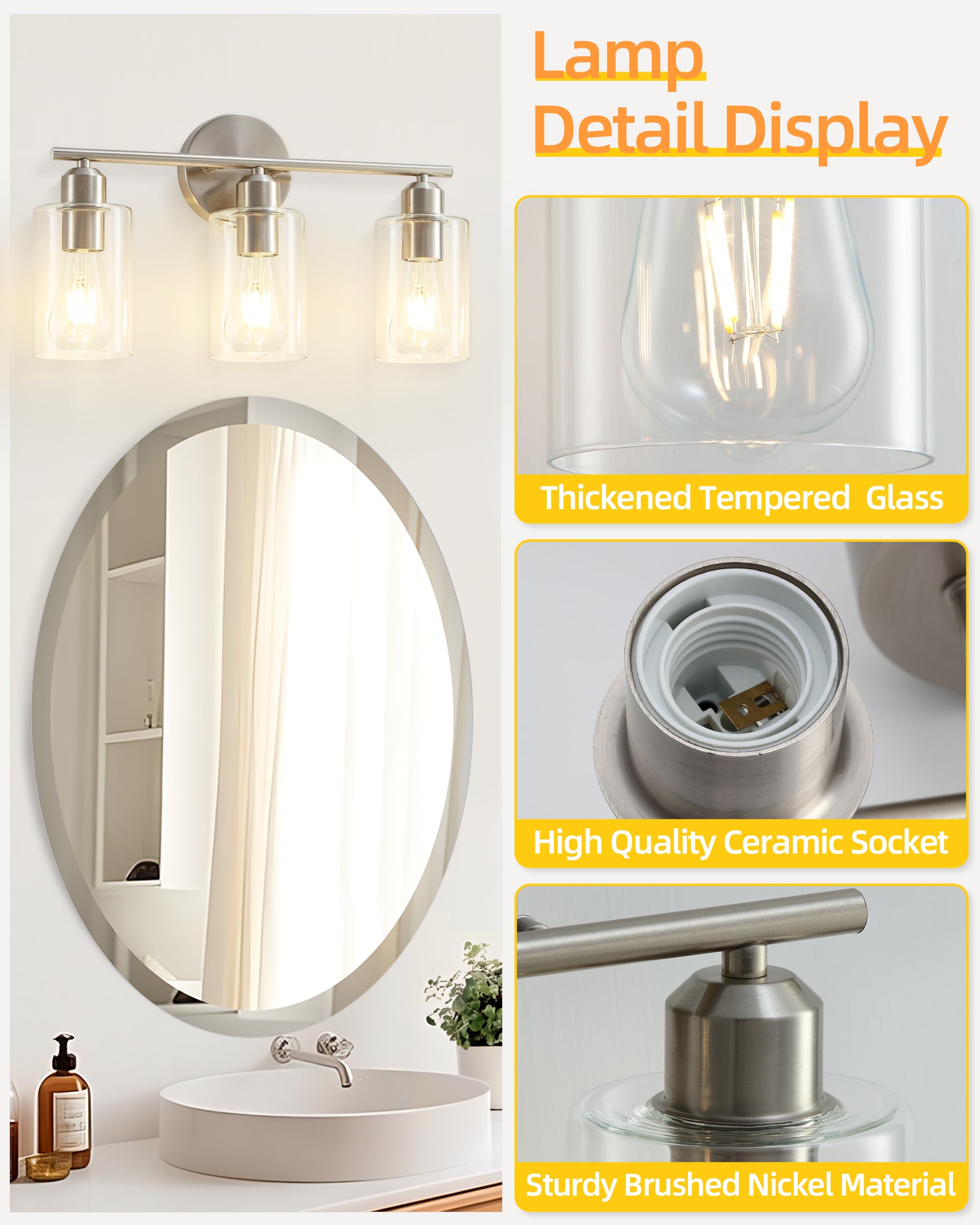 Seable 3-Light Brushed Nickel Bathroom Vanity Lights, Modern Glass Shade Wall Sconce - 2 Pack