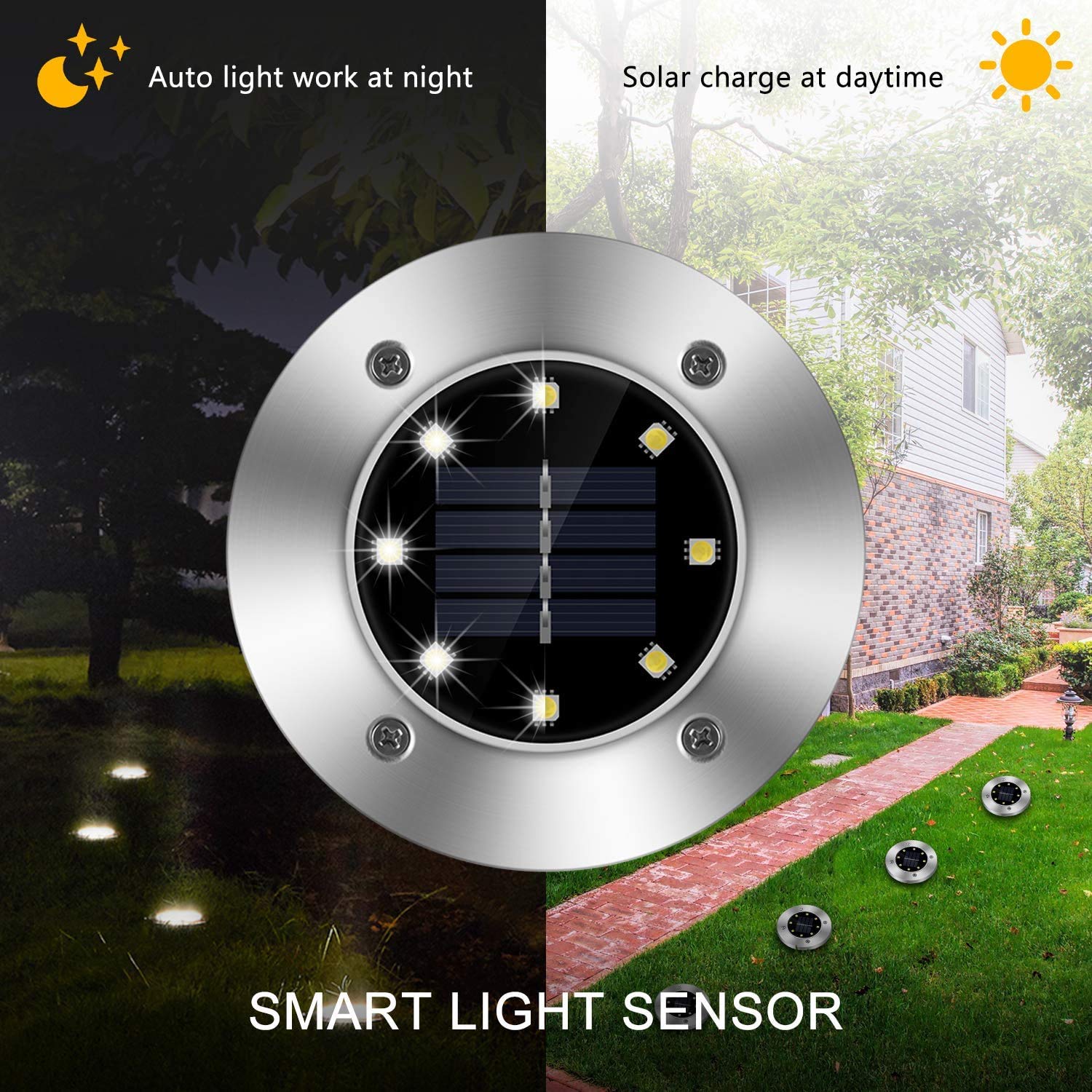 ZGWJ Solar Ground Lights, 8 LED Disk Lights, Stainless Steel, White Light, 8 Pack, Model DMD8PACK