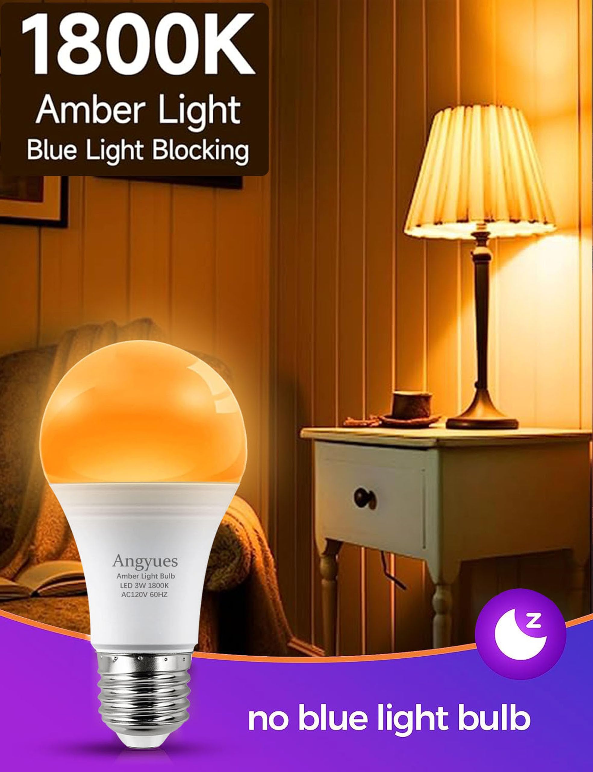 Angyues Amber Sleep Light Bulbs, Blue Light Blocking, A19 3W(25 Watt Equivalent) Dim Light Bulbs For Lamp,1800K Warm Light Bulbs