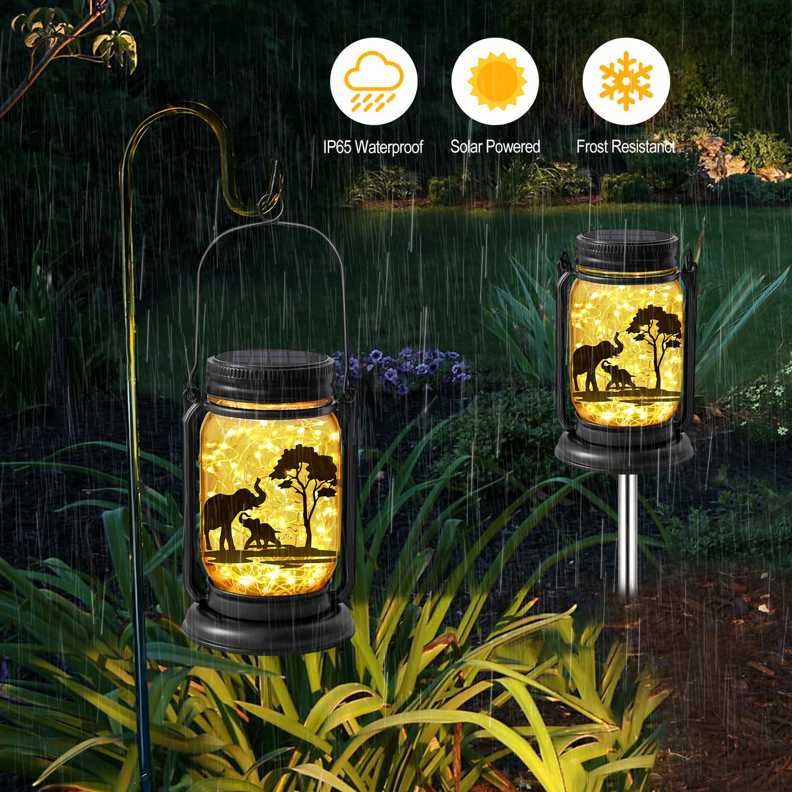Yjfwal 2 Pack Outdoor Hanging Solar Lanterns, Elephants Theme Vintage Glass Mason Jar Solar Fairy Lights, Gifts For Mom, Grandma