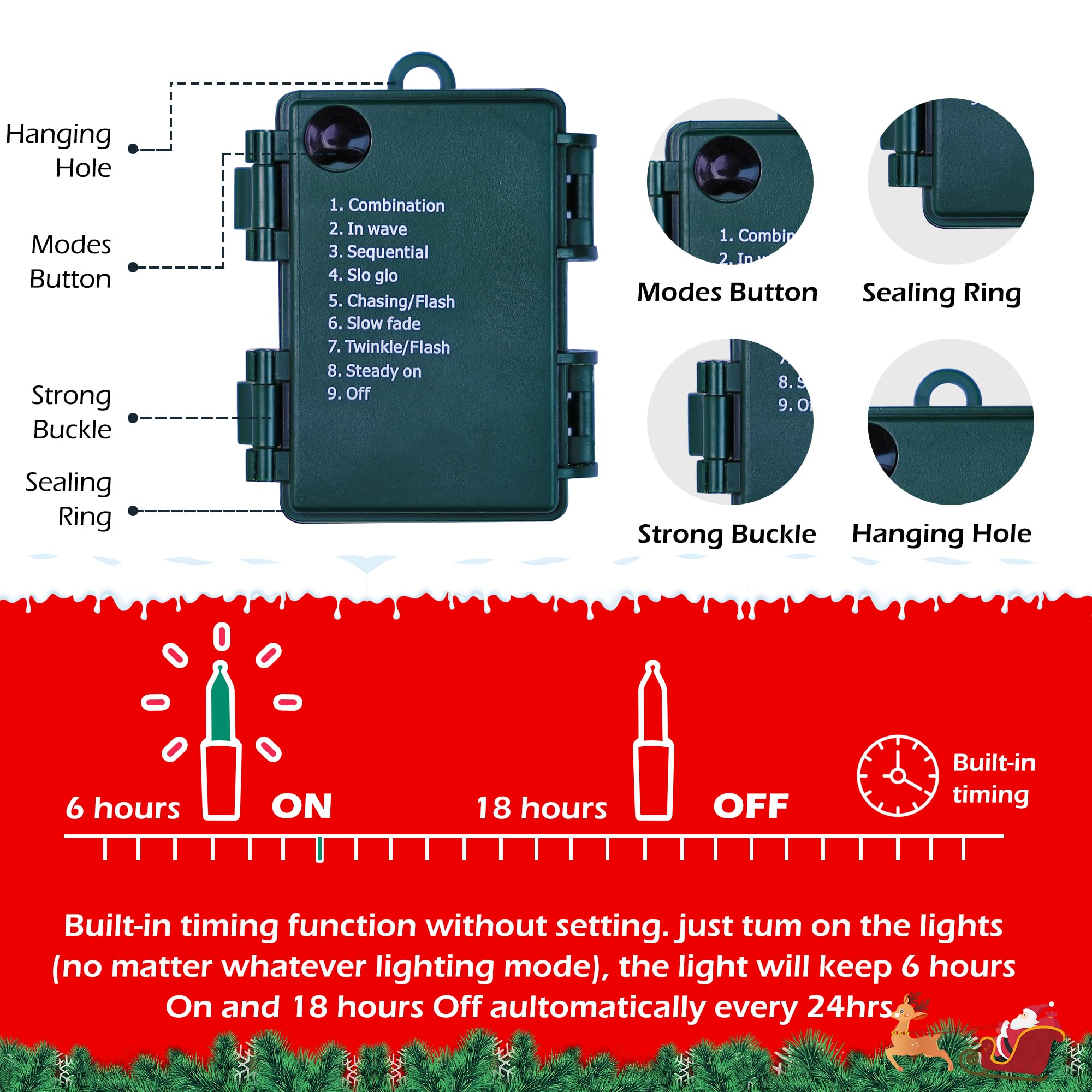 RECESKY Christmas String Lights - 100 LED, 36ft, Battery Operated, Built-in Timer, Red White, Model RCSK-YLDCH-2P50LLPRW