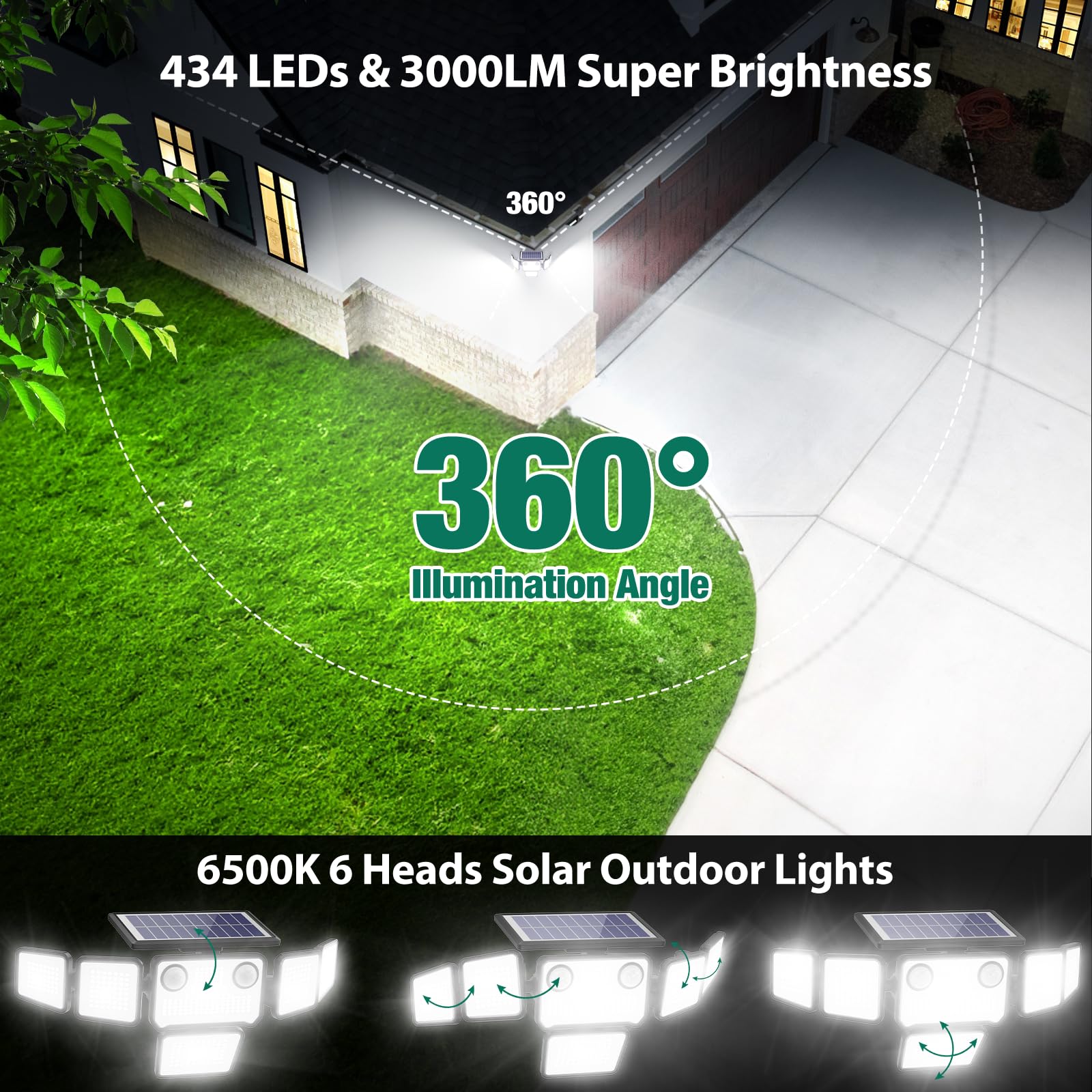 omibee Dual Motion Sensor Solar Flood Lights, 3000LM, IP65 Waterproof, 6 Adjustable Heads, Remote Control, Black, 2 Pack