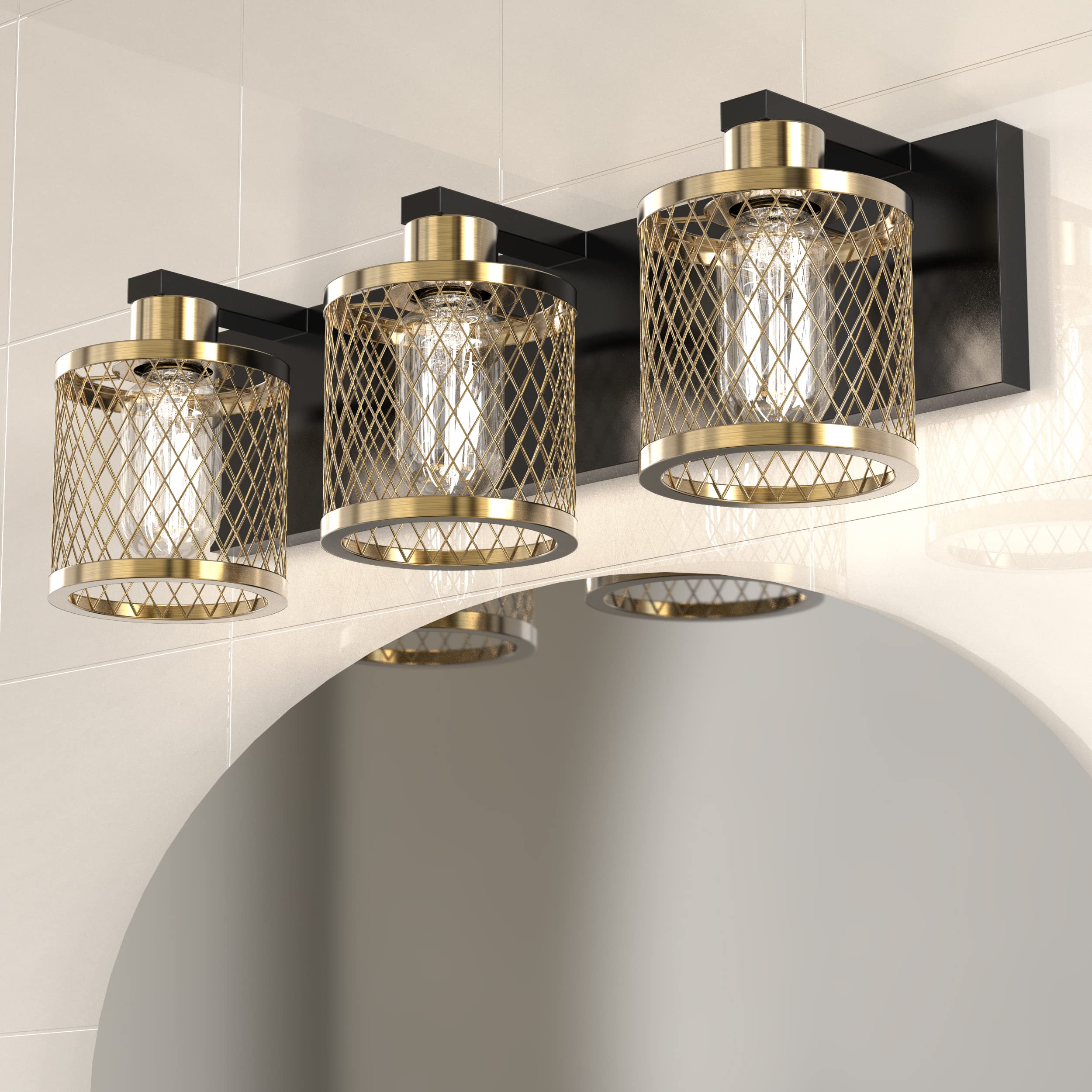 PHIXART Bathroom Light Fixtures - 3-Light Vintage Metal Vanity Light, Black & Gold, 20 inch, Model 9602-3Lights
