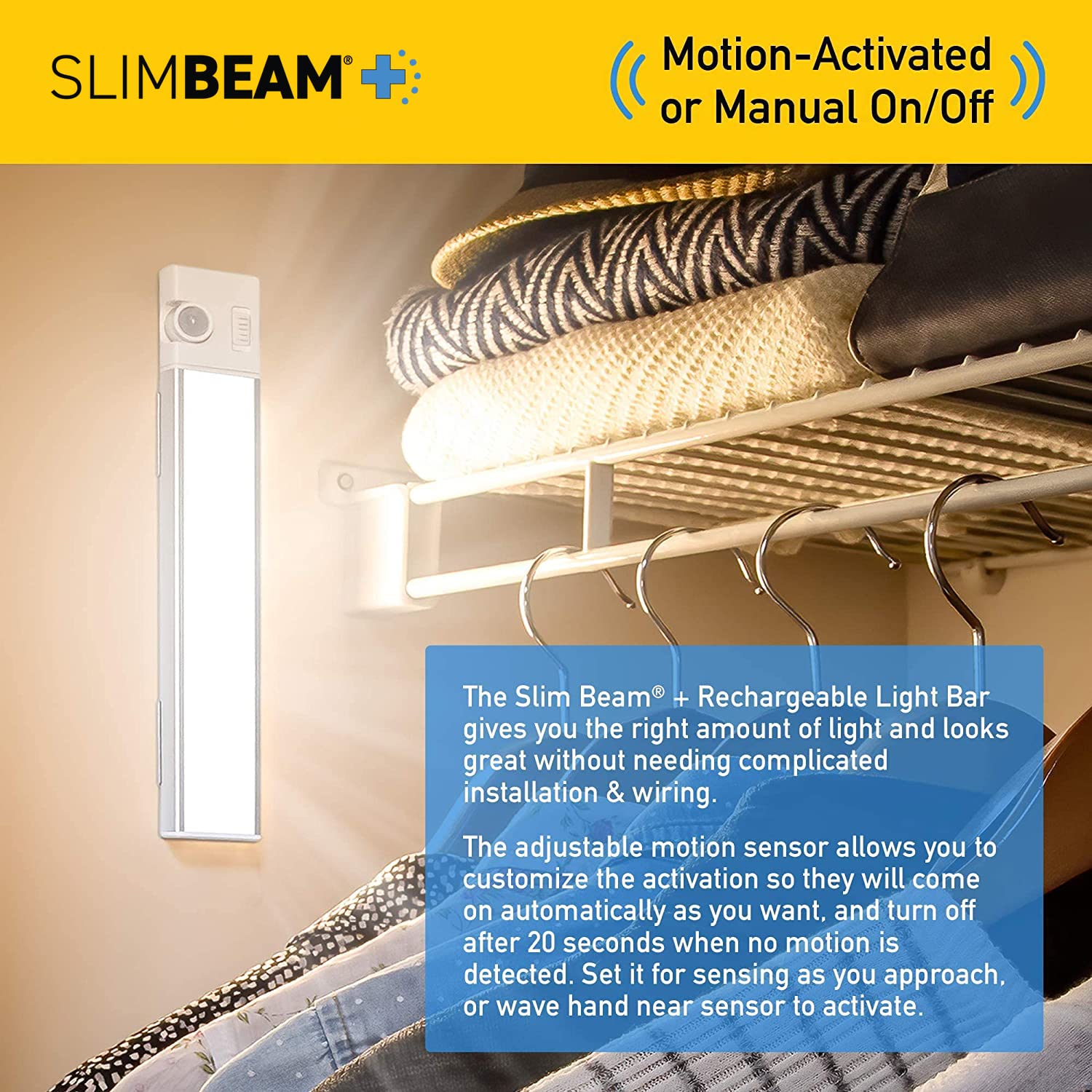 Sensor Brite Slim Beam+ LED Under Cabinet Light, Magnetic, USB Rechargeable, Motion Sensor, White, 2-Pack