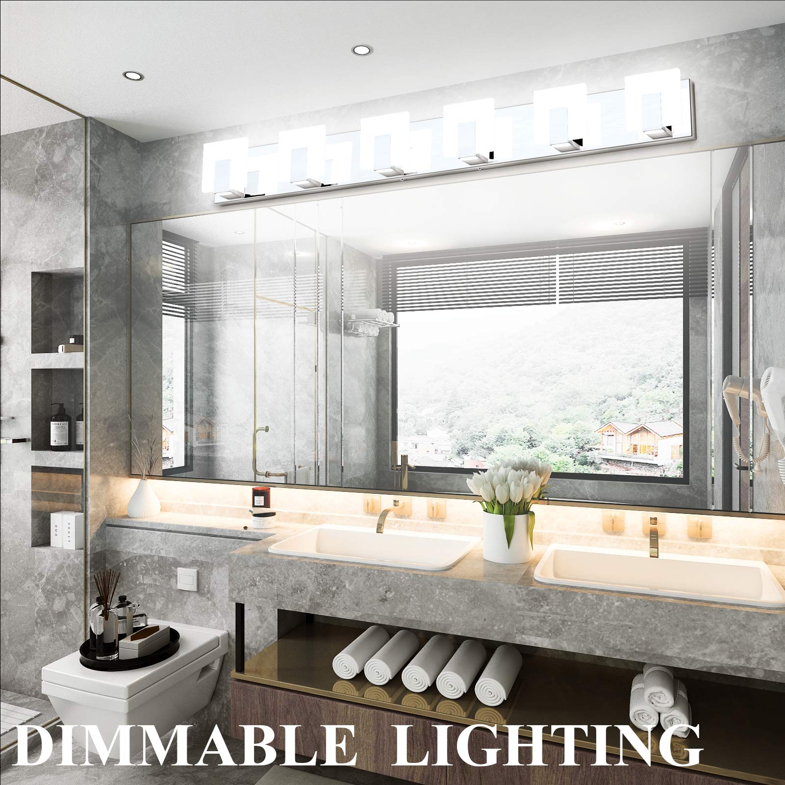 Aipsun 6-Light Dimmable Led Bathroom Vanity Light, Stainless Steel Chrome, Model Ca-1105-6T-D, White Light 6000K