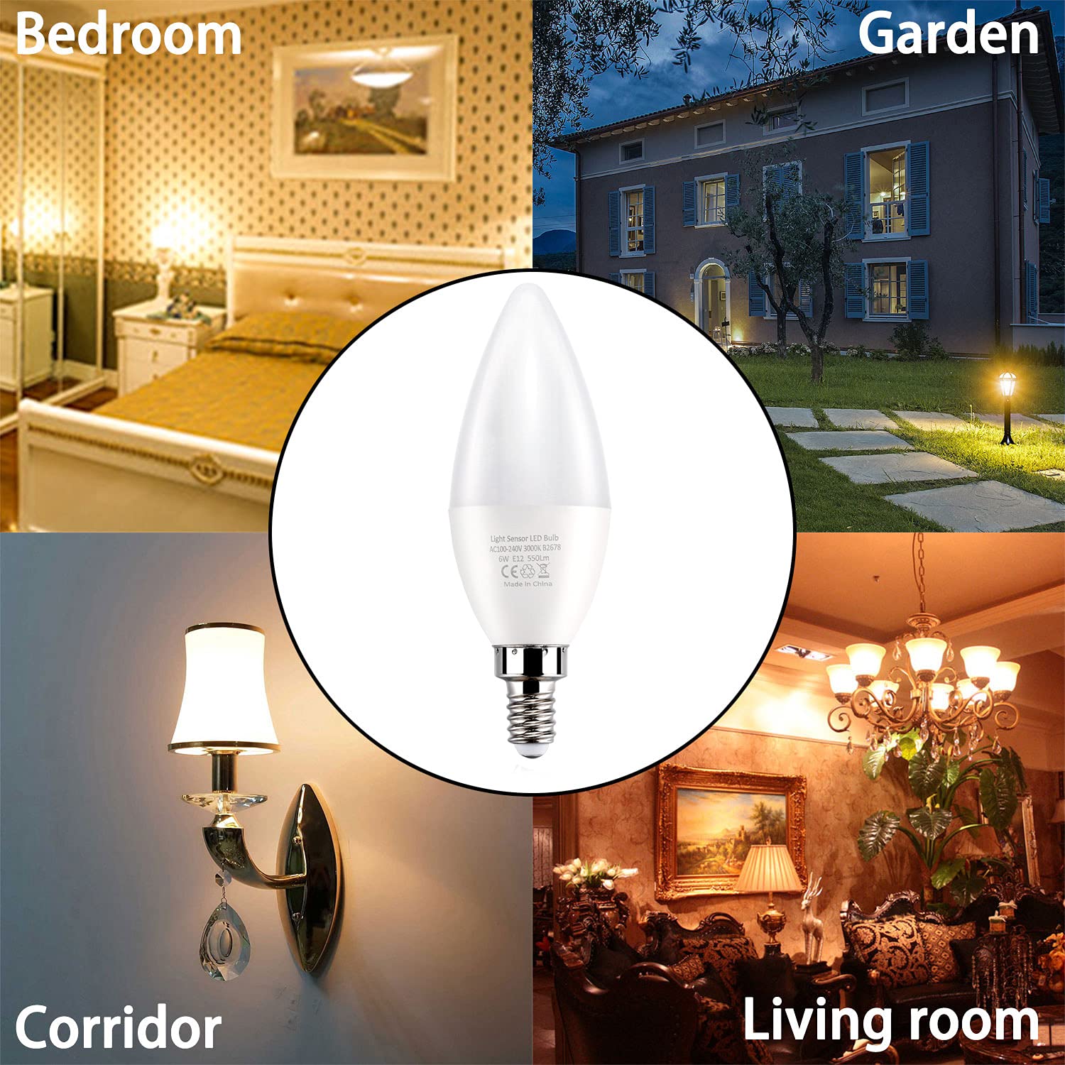 LEKE Dusk to Dawn E12 Light Sensor Bulbs, 3000K Equivalent, 60W, Warm White, 4 Count, Candelabra LED Bulbs