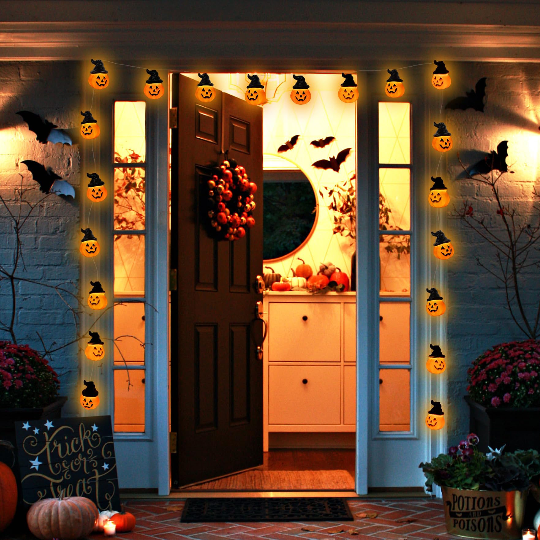 Runleo Halloween Pumpkin String Lights With Witch Hat, 20 Led 16.4Ft 8 Modes Timer 3D Waterproof Orange Jack-O-Lantern Battery Operated Flickering Lights For Indoor Outdoor Decor Party Decorations