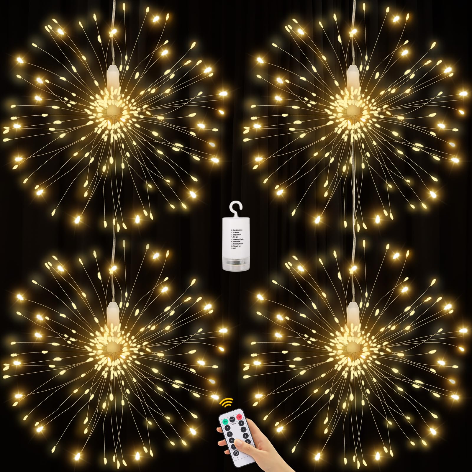 4 Pack Firework Lights - 120 LED Copper Wire String Lights with 8 Modes, Dimmable, Remote Controlled, Waterproof for Party, Home