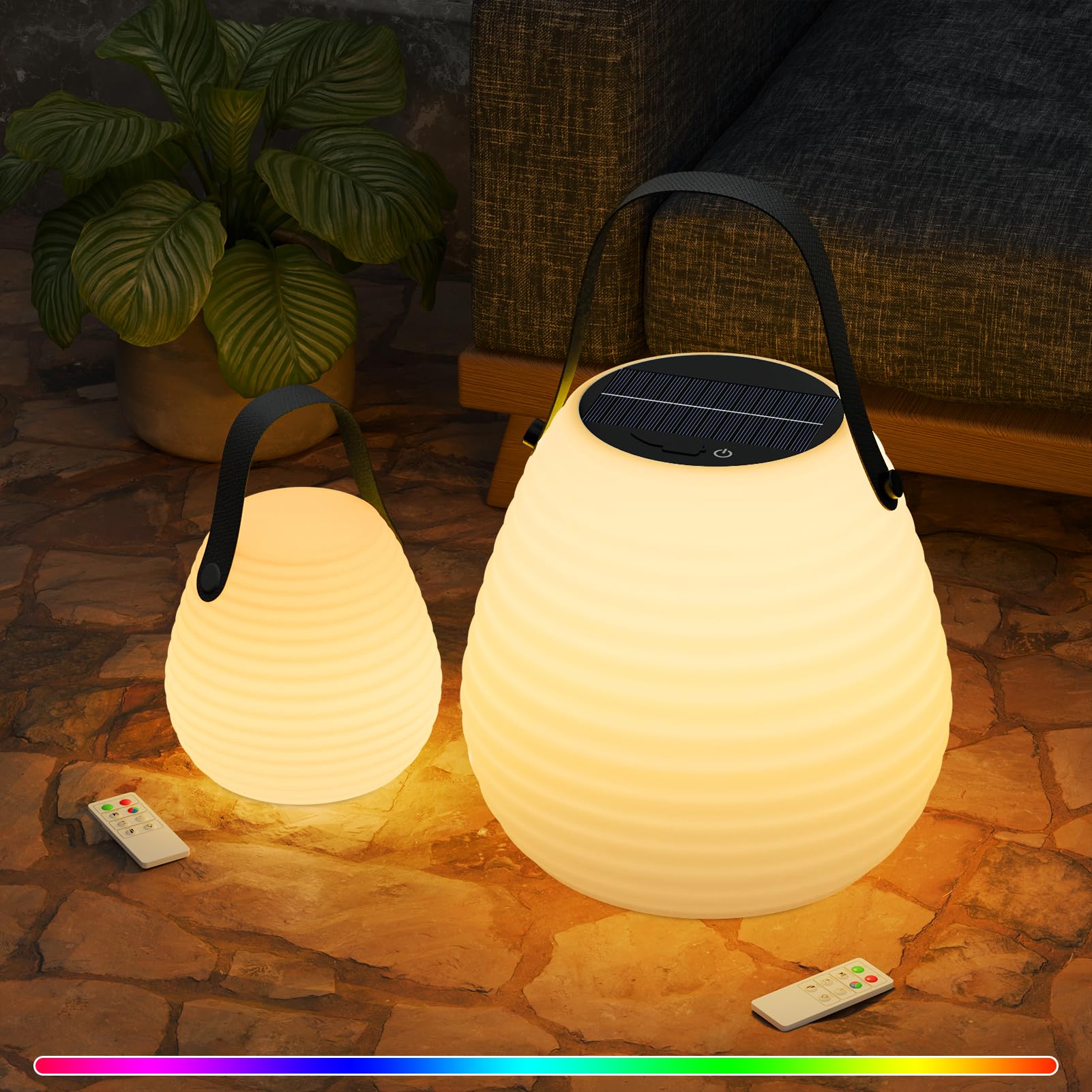 uuffoo 2-Pack Solar Table Lamp Outdoor Water-Resistant Portable Lantern with Remote and 8 Colors, Dimmable Cordless Lamp for Out