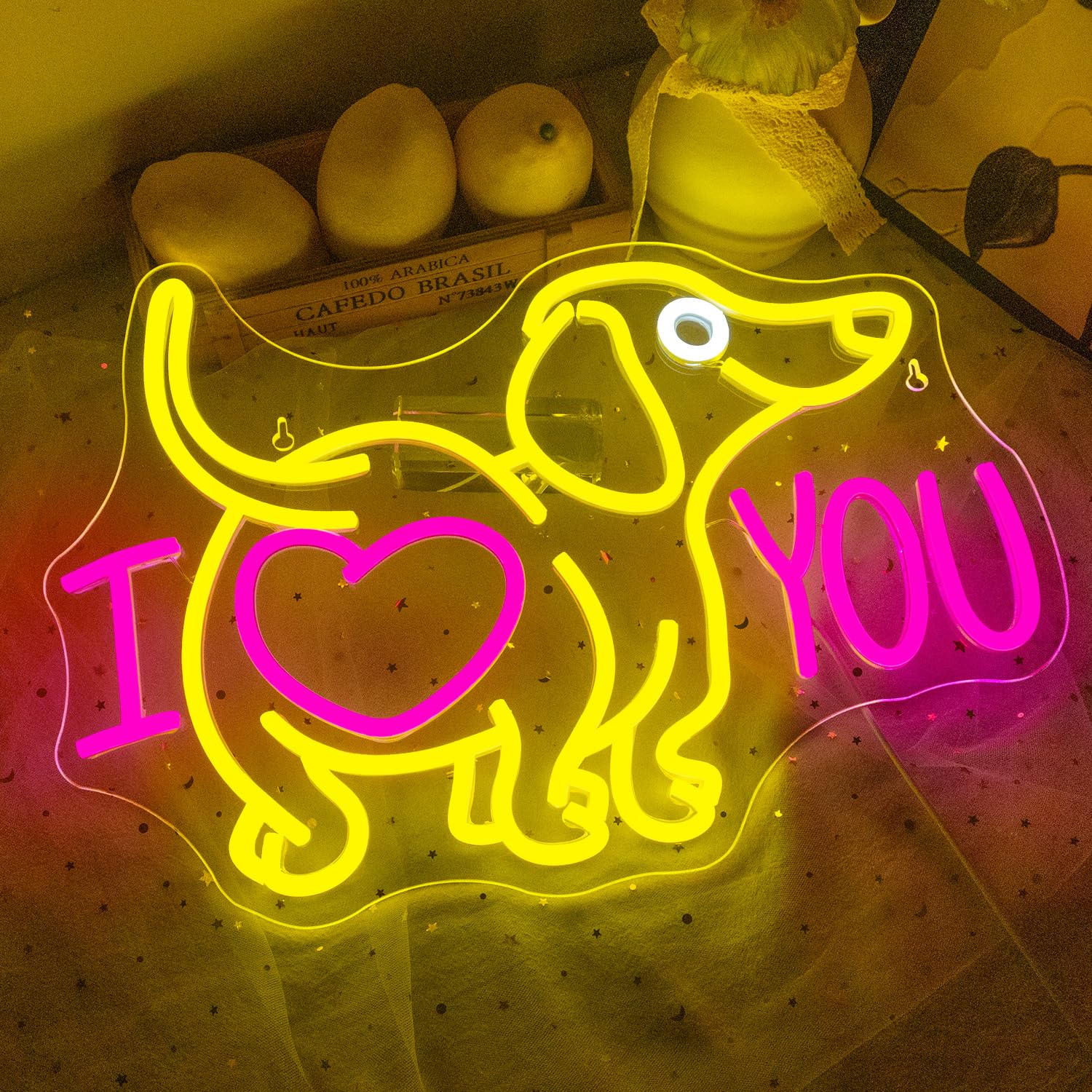 LUCUNSTAR Dog Neon Sign - I Love You LED Wall Decor, 12.5in x 16.5in, Pink Plastic Light for Pet Shop, Party Decor, Valentines Day Gift