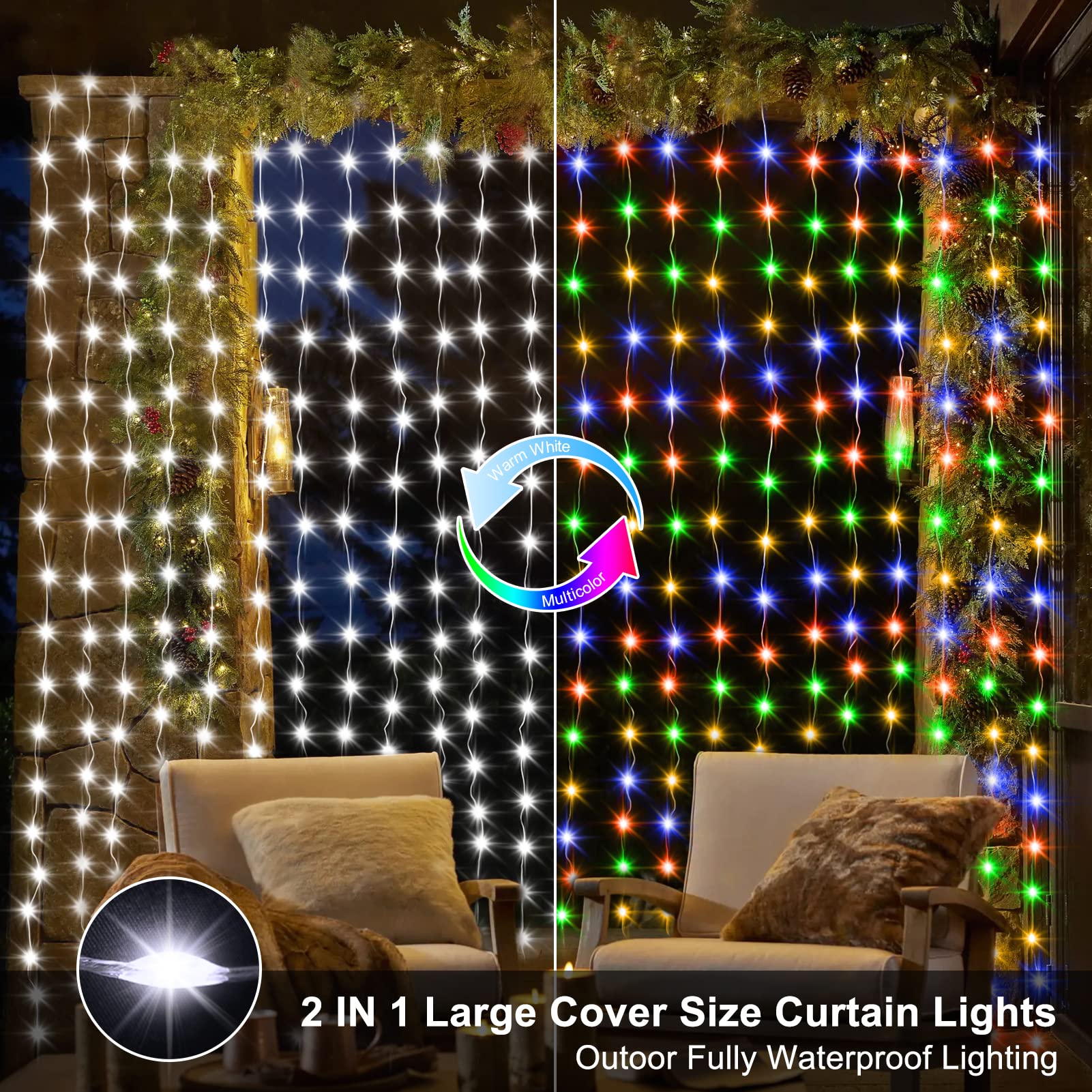 Zaiyw 600 Led Curtain Lights 20Ft X 10Ft, Dual Color Changing, Waterproof For Outdoor Decor