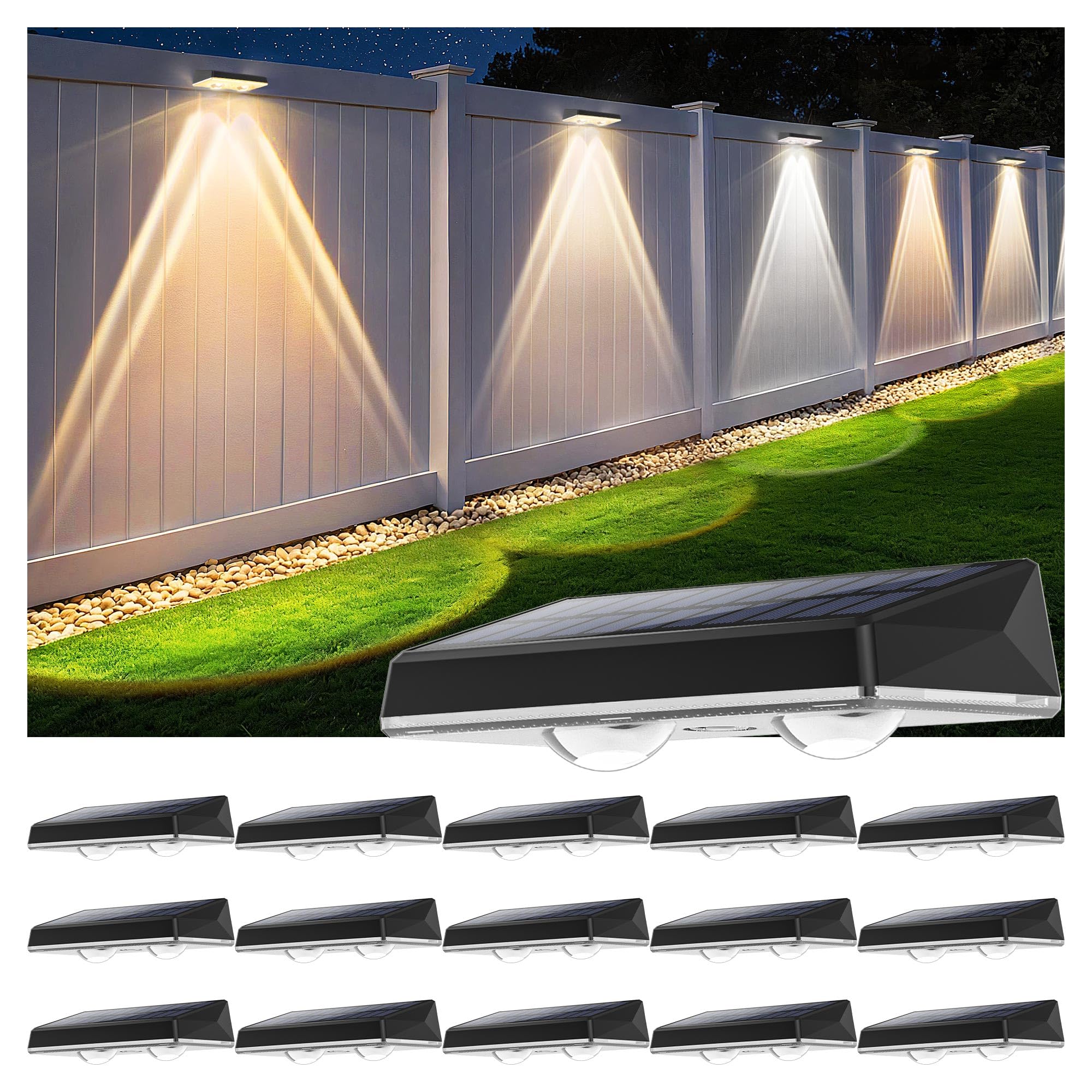 Solar Fence Lights Outdoor  16-Pack 120LM Fence Lights Solar Powered  IP67 Waterproof Dusk to Dawn Auto On/Off 12+ Hours for Outside/Backyard/Wall/Step/Patio/Deck/Pool (3000K/4000K/6000K White)