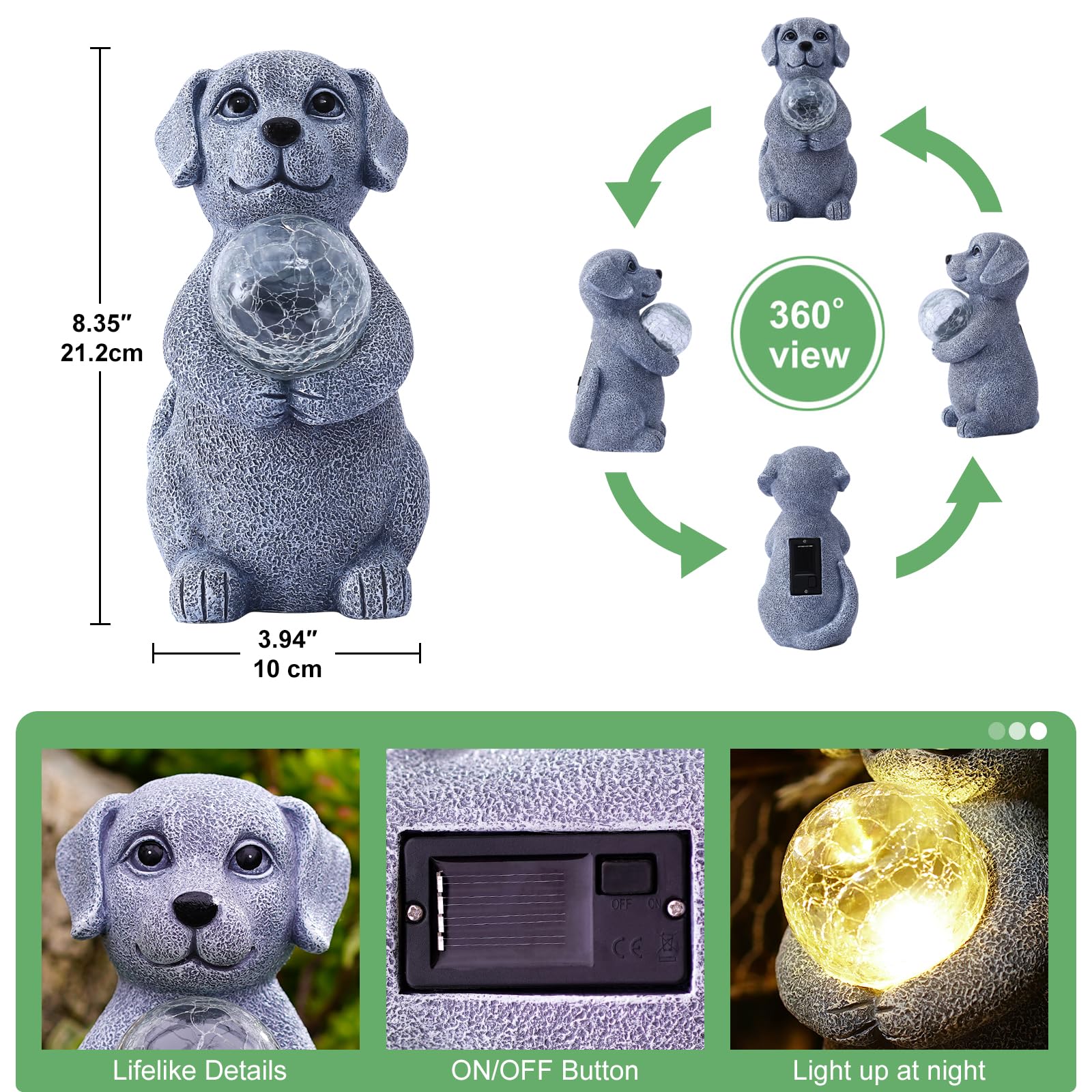 Tiejiajiang Solar Dog Statue - 8.4&quot; Gray Decor With Led Gazing Ball For Garden & Lawn