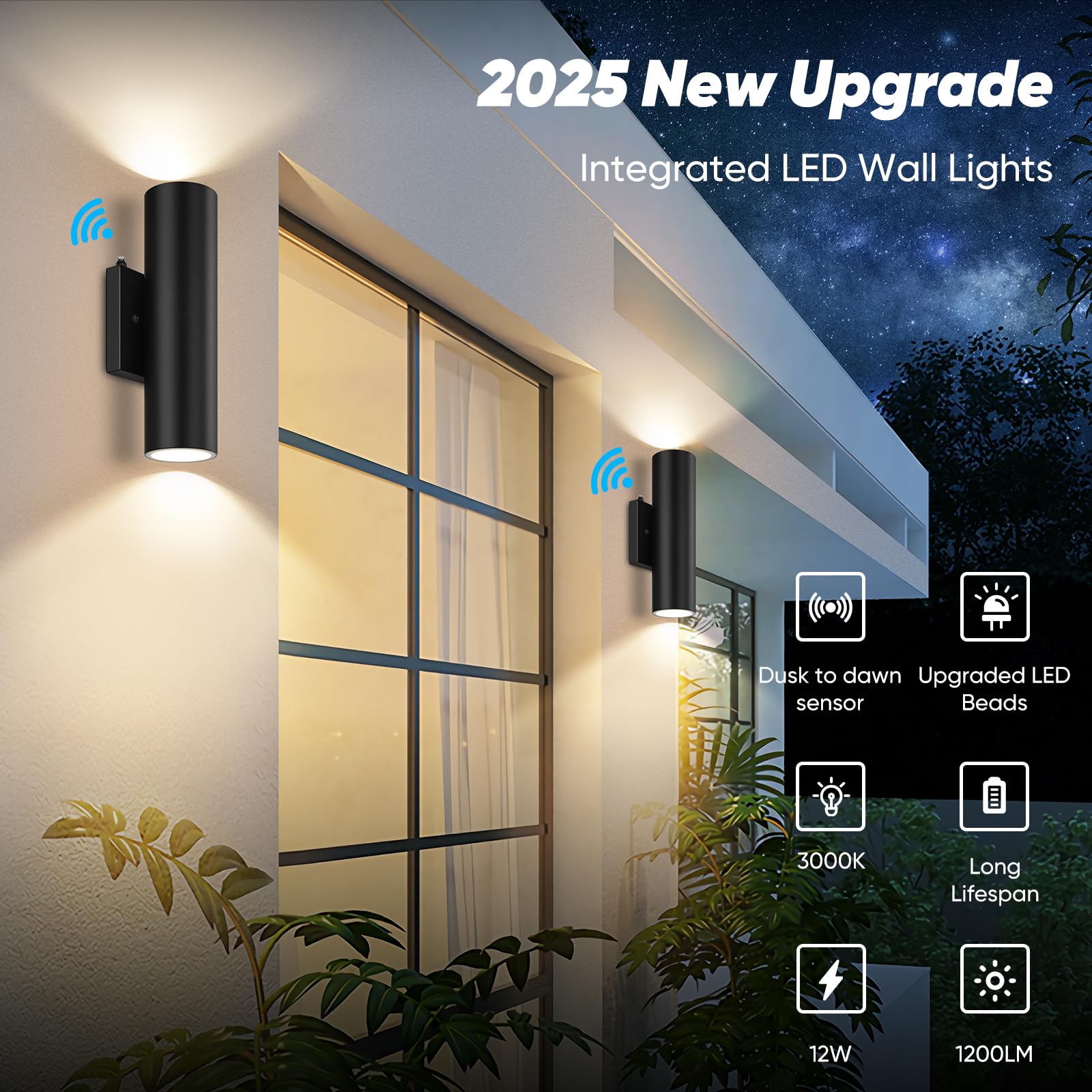 2-Pack Dusk To Dawn Led Outdoor Lighting, 12W Modern Outdoor Wall Light Fixtures, 2700K Porch Lights Wall Mount, Black Exterior