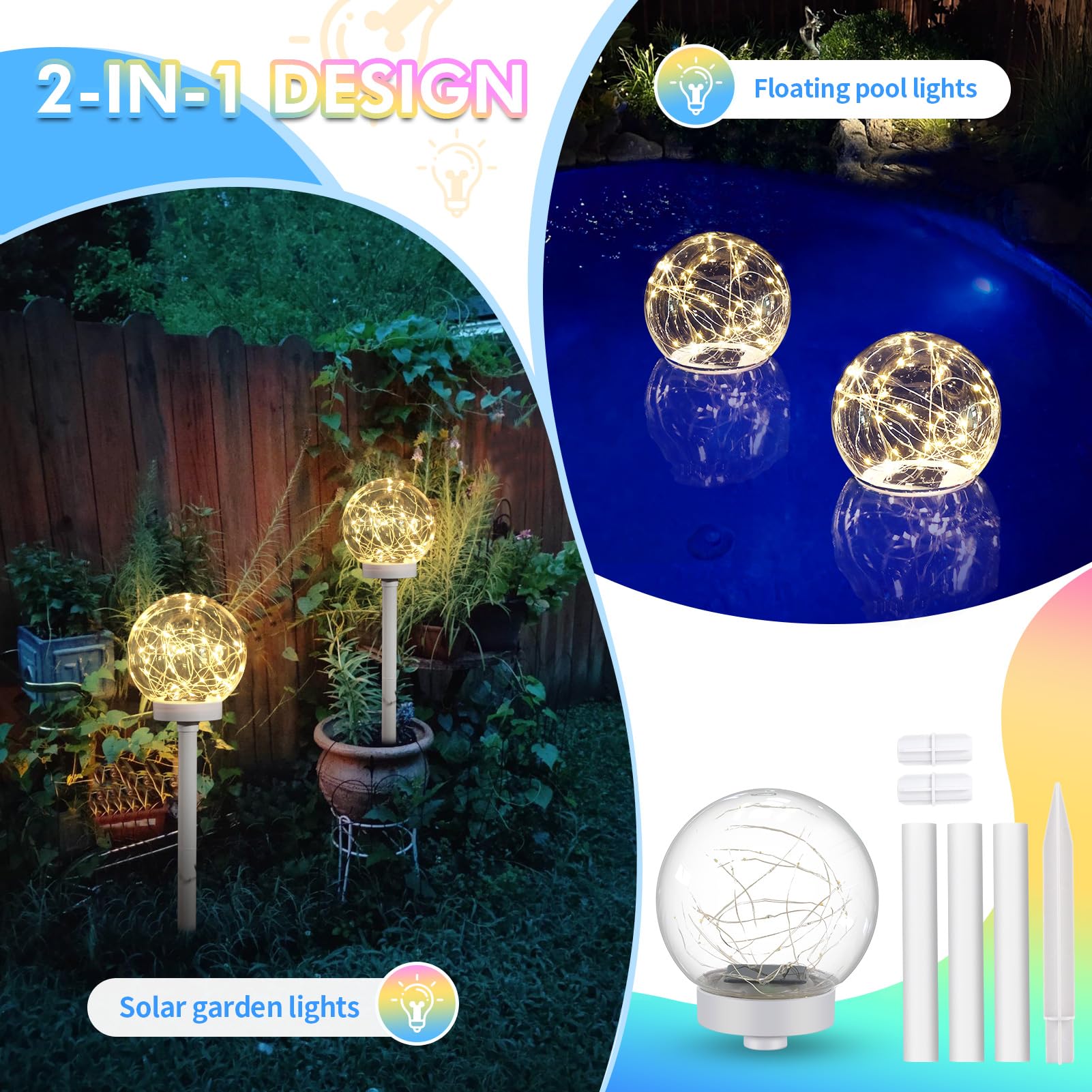 Solar Floating Pool Lights, 5.9'' Glow In The Dark Warm White Pool Lights That Float, 2-In-1 Design Float Or Insert Solar Globe