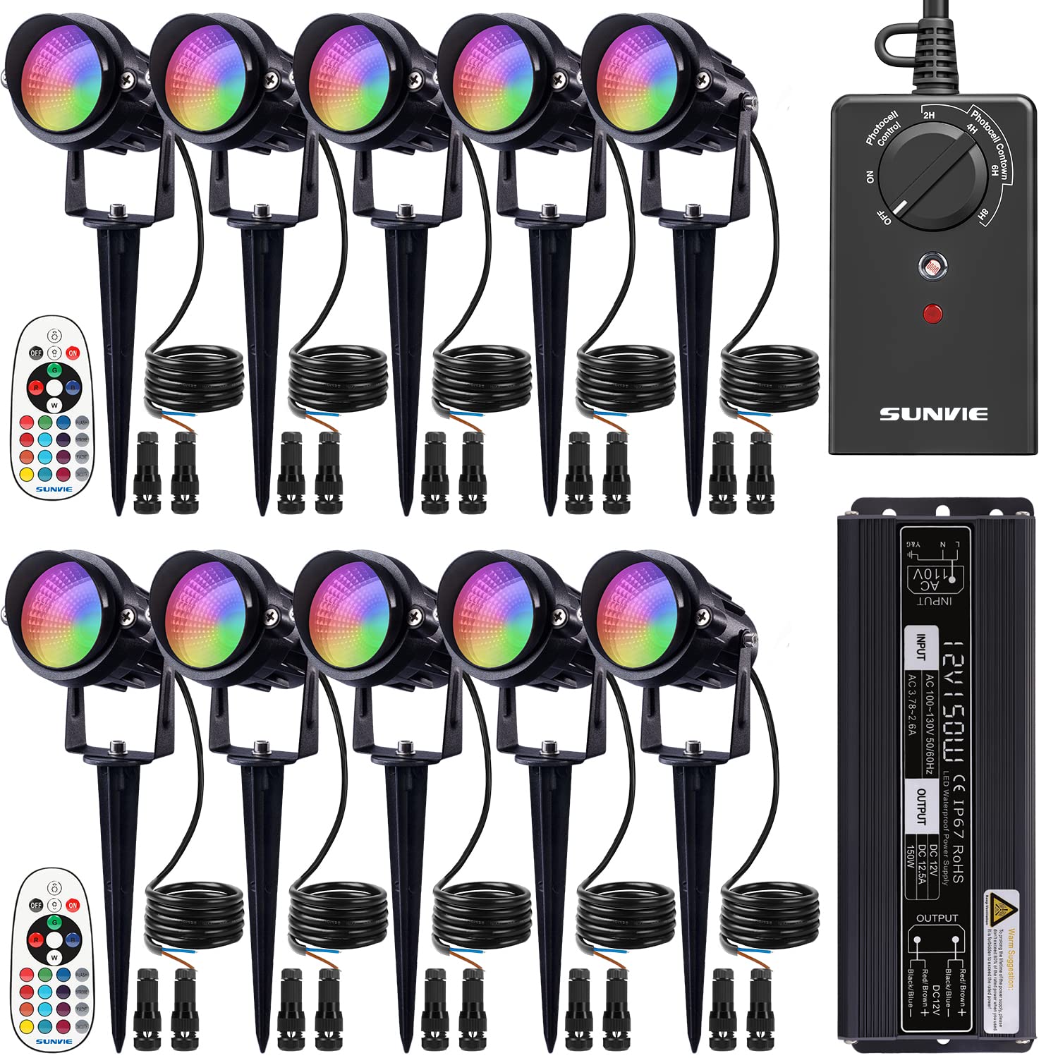SUNVIE RGBW Low Voltage Landscape Lighting Kit with Transformer and Timer 12W 12-24V Outdoor LED Color Changing Landscape Lights