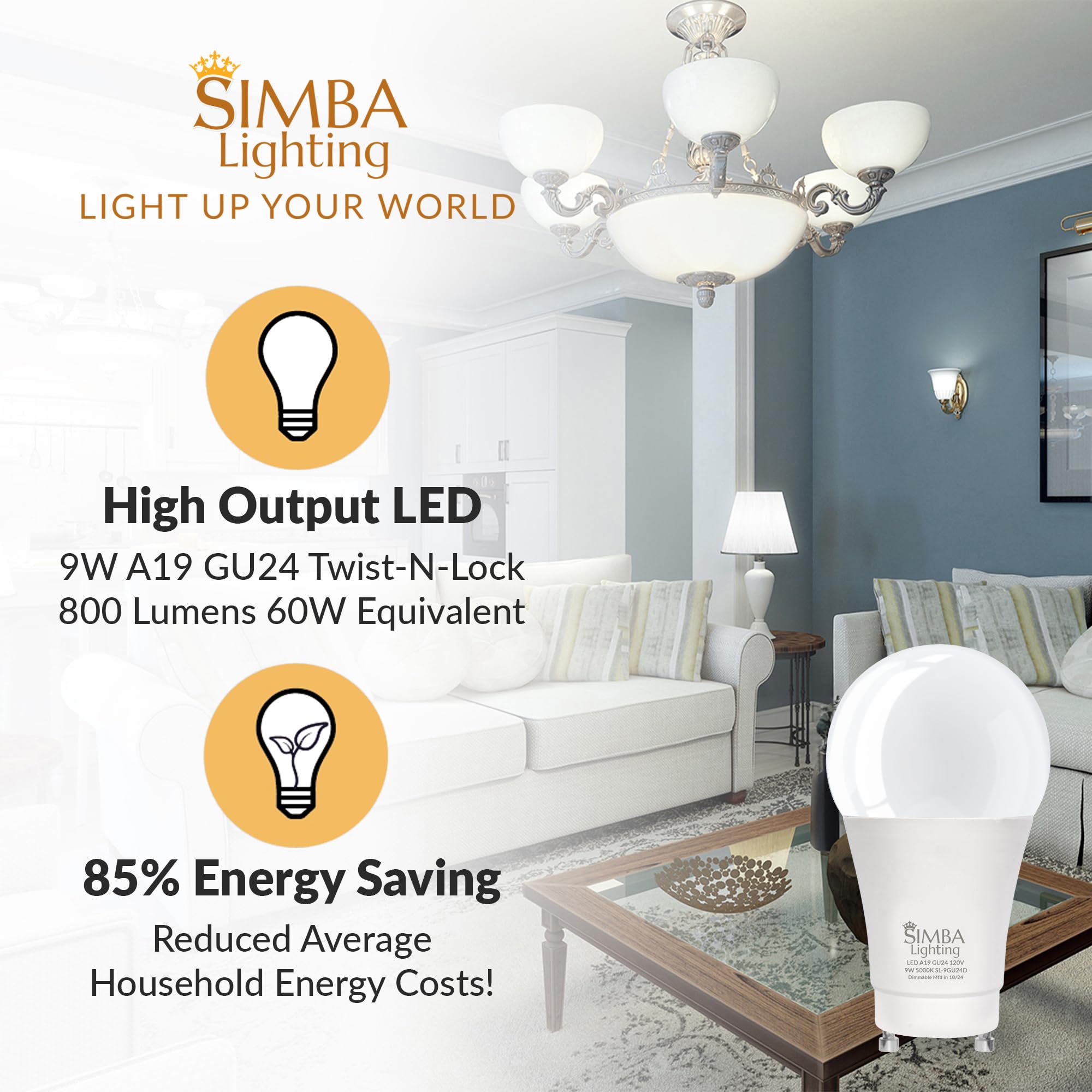 Simba Lighting Led Gu24 A19 Light Bulb 9W 60W To 75W Replacement (4 Pack) 120V 2 Prong Twist And Lock Base For Ceiling Lights, P